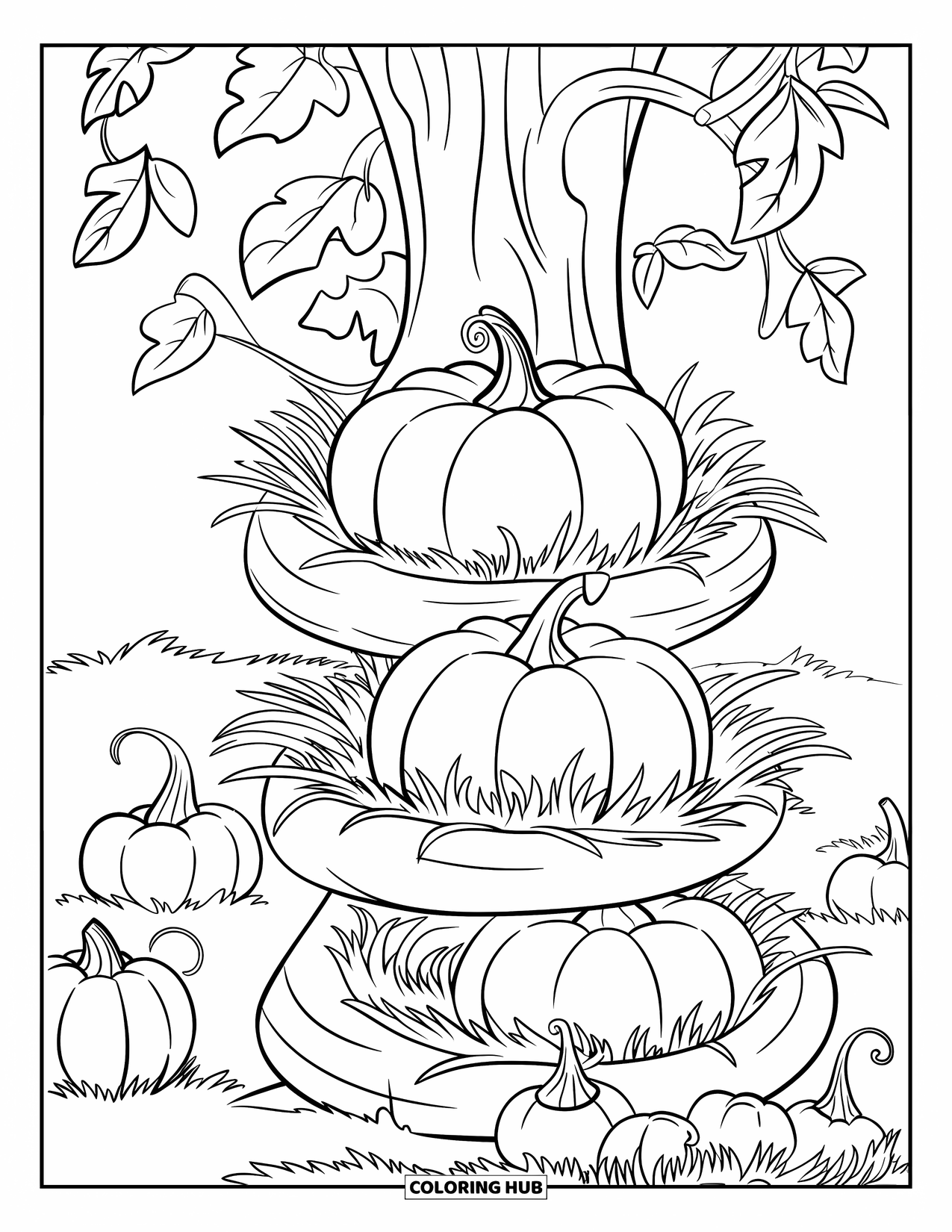 Pumpkin Patch Coloring Page for Kids: Pumpkins rest near a tree trunk with swirling vines and scattered leaves