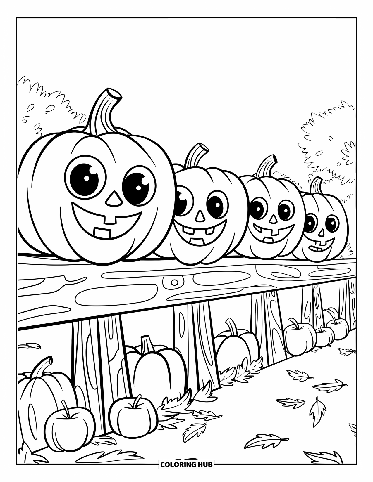 Pumpkin Patch Coloring Page for Kids: Pumpkins with cute faces line a fence with apples and leaves below