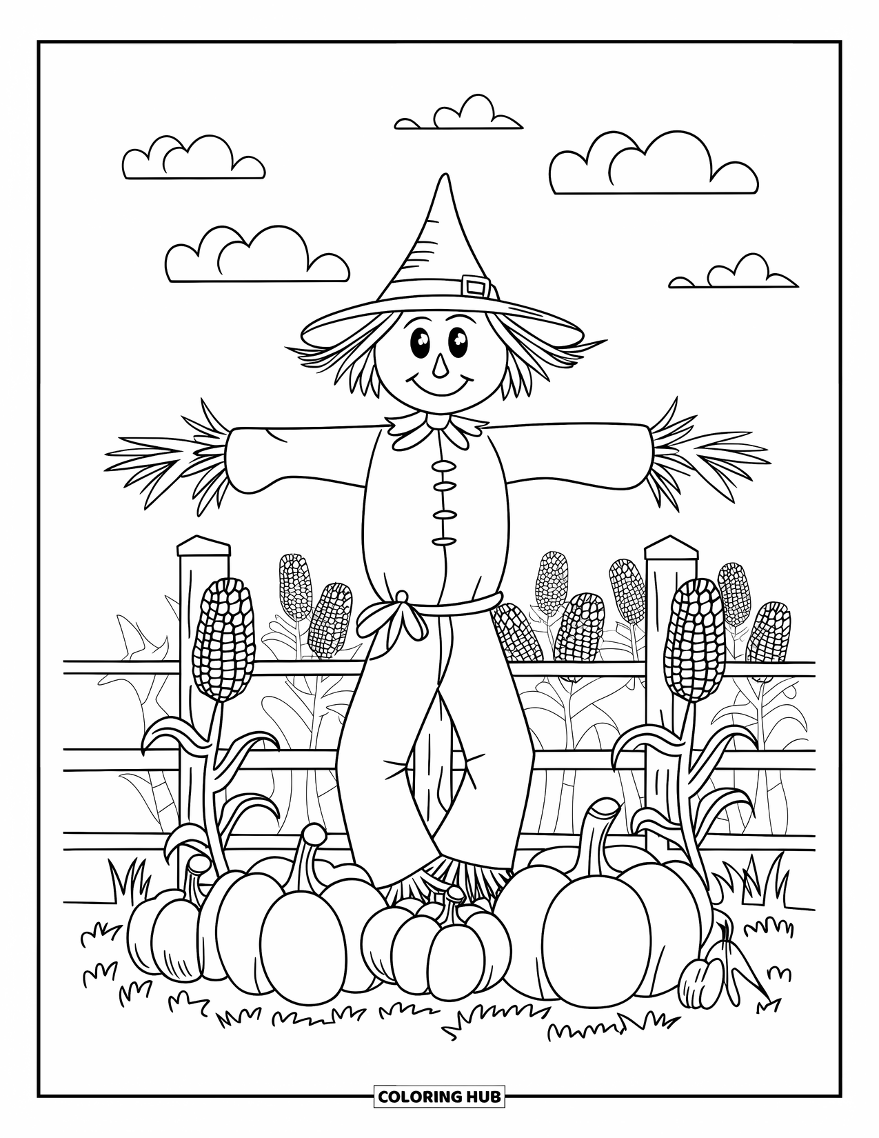 Pumpkin Patch Coloring Page for Kids: Smiling scarecrow in a field of pumpkins and cornstalks behind a wooden fence