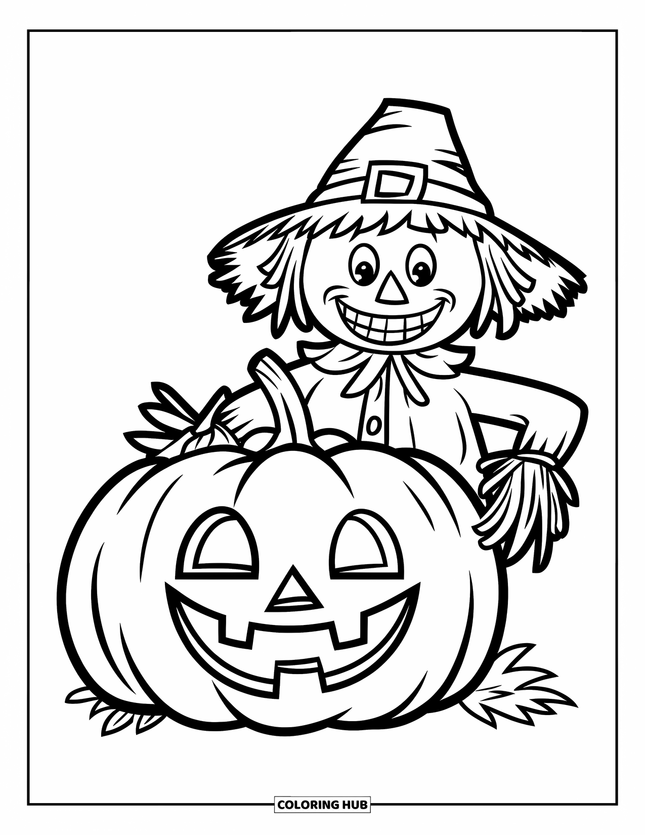 Pumpkin Patch Coloring Page for Kids: Smiling scarecrow with a big pumpkin in a playful farm scene