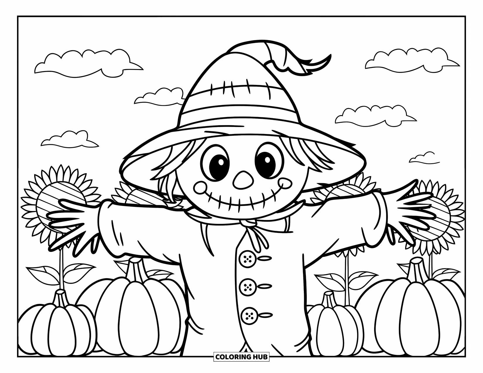 Pumpkin Patch Coloring Page for Kids: Smiling scarecrow with pumpkins and sunflowers in a bright open field