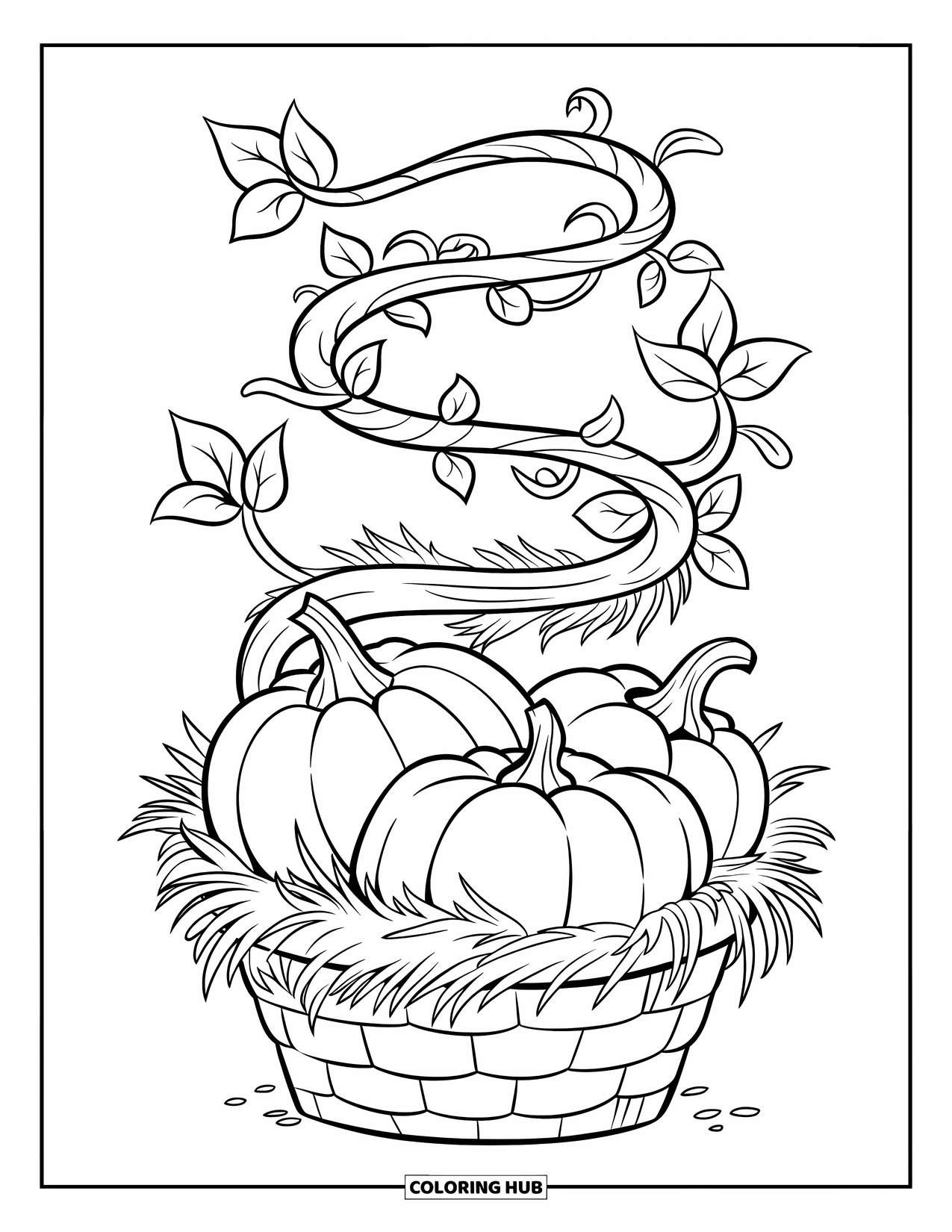 Pumpkin Patch Coloring Page for Kids: Three pumpkins rest in straw beneath a winding vine and wooden post