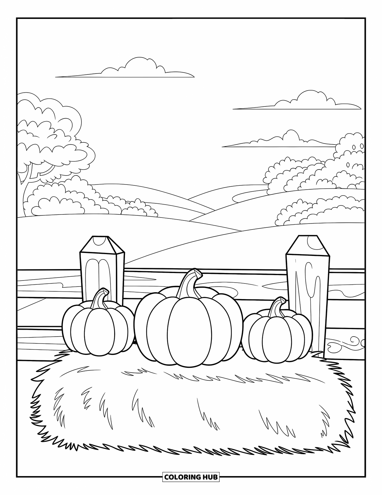 Pumpkin Patch Coloring Page for Kids: Three pumpkins rest on a hay bale behind a wooden fence and hills