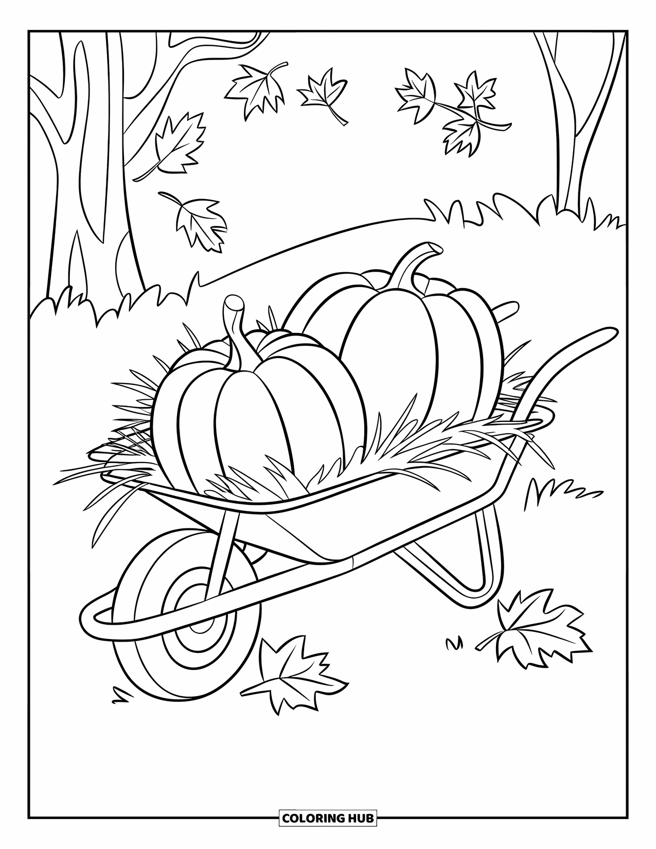 Pumpkin Patch Coloring Page for Kids: Two pumpkins sit in a wheelbarrow surrounded by hay and leaves