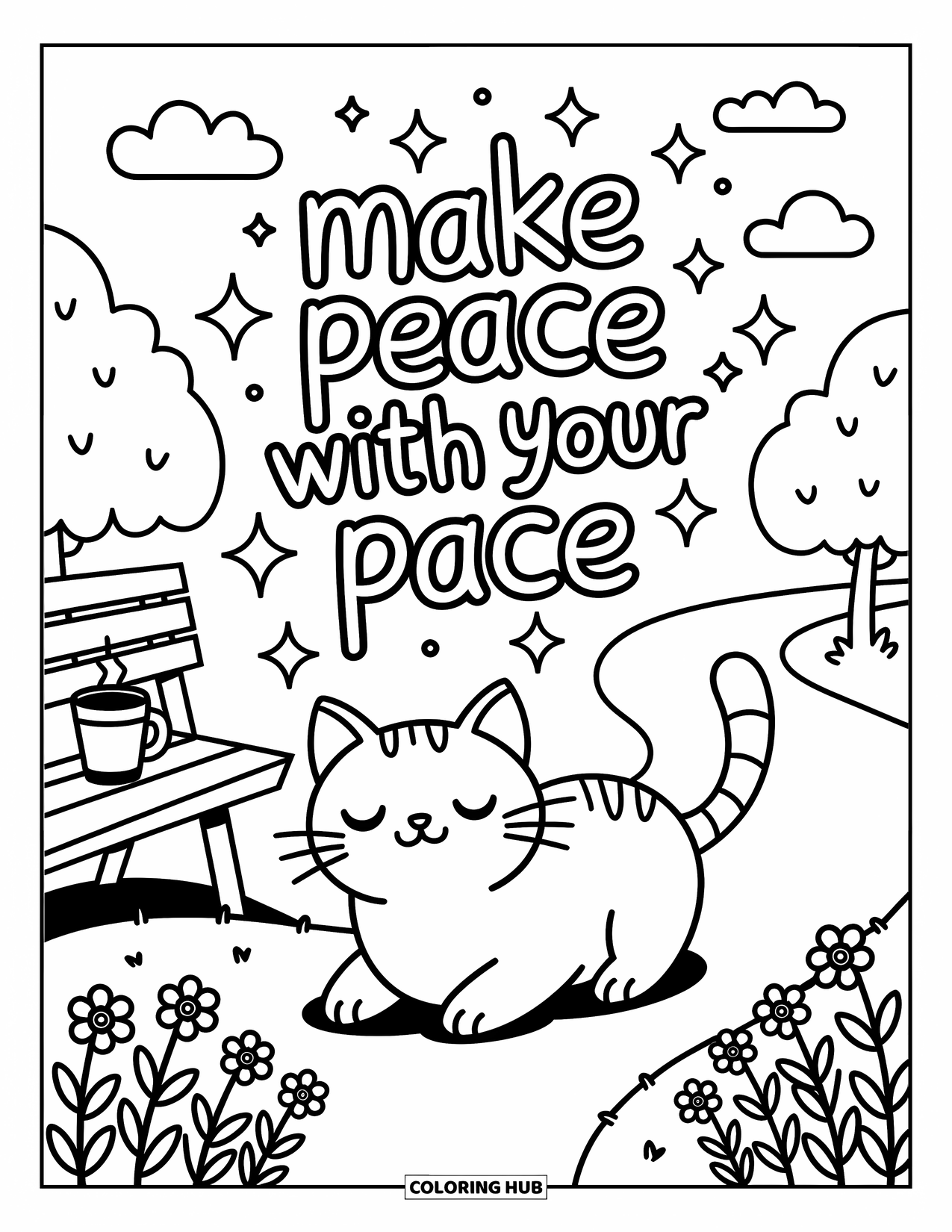 Quote Coloring Page for Adults: A cozy cat walk scene invites with "Make peace with your pace"