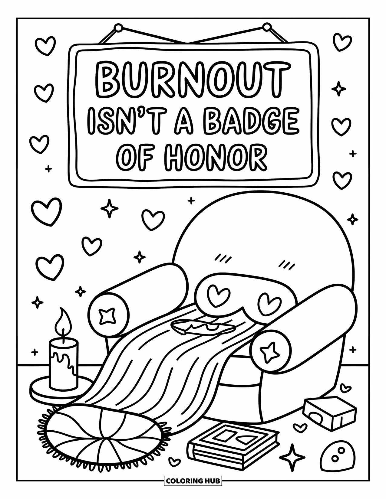 Quote Coloring Page for Adults: A plush chair and candle glow with "Burnout isn't a badge of honor"