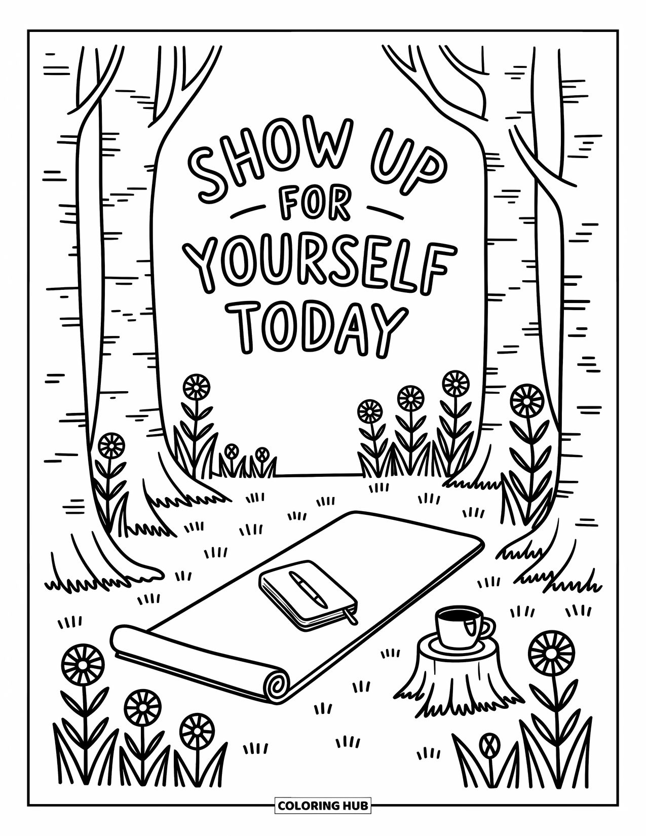Quote Coloring Page for Adults: A quiet forest nook invites with "Show up for yourself today"