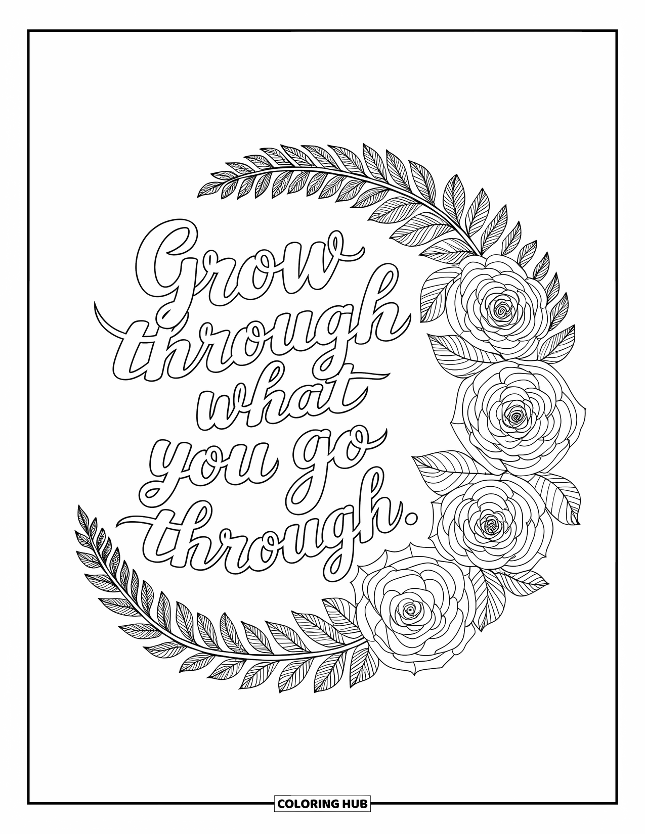 Quote Coloring Page for Adults: A soft floral mandala carries "Grow through what you go through"