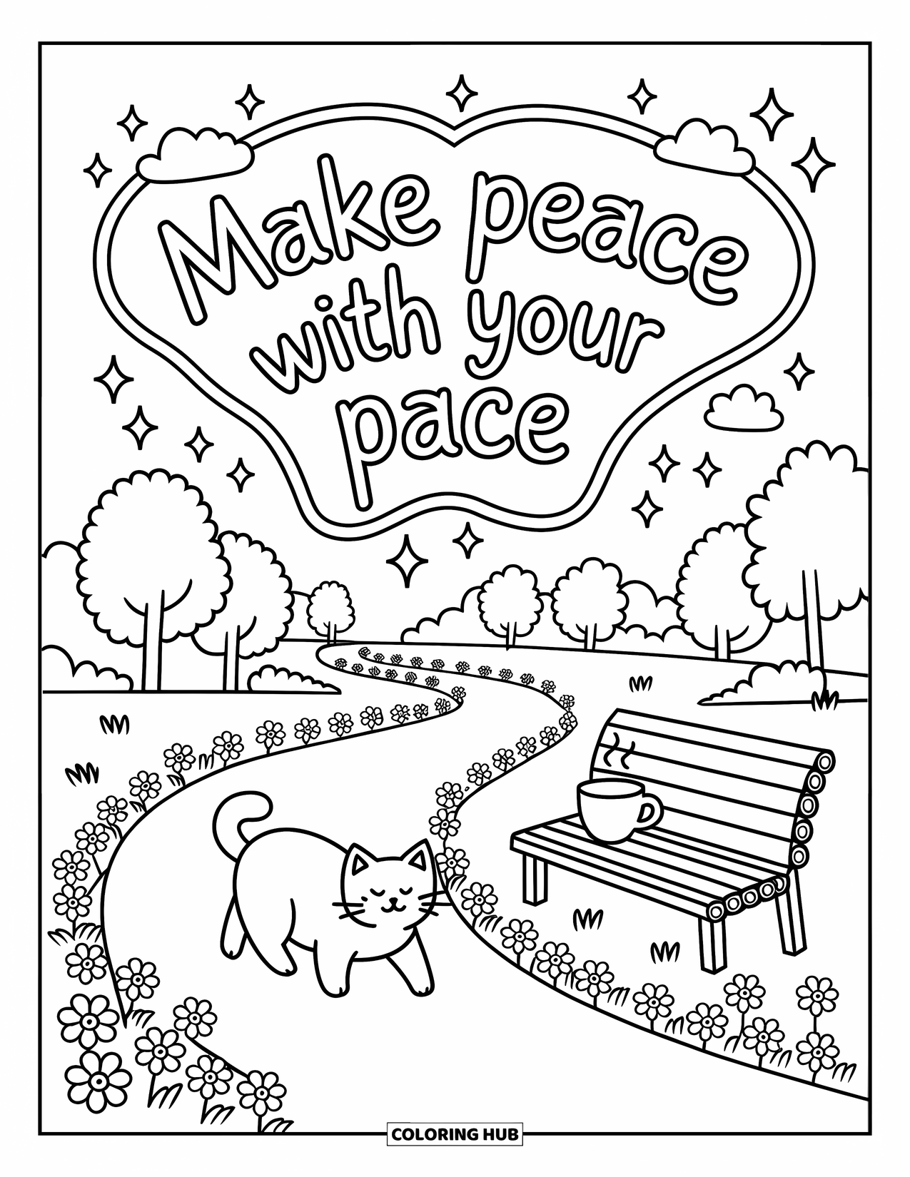 Quote Coloring Page for Adults: A strolling cat and bench sit below "Make peace with your pace"