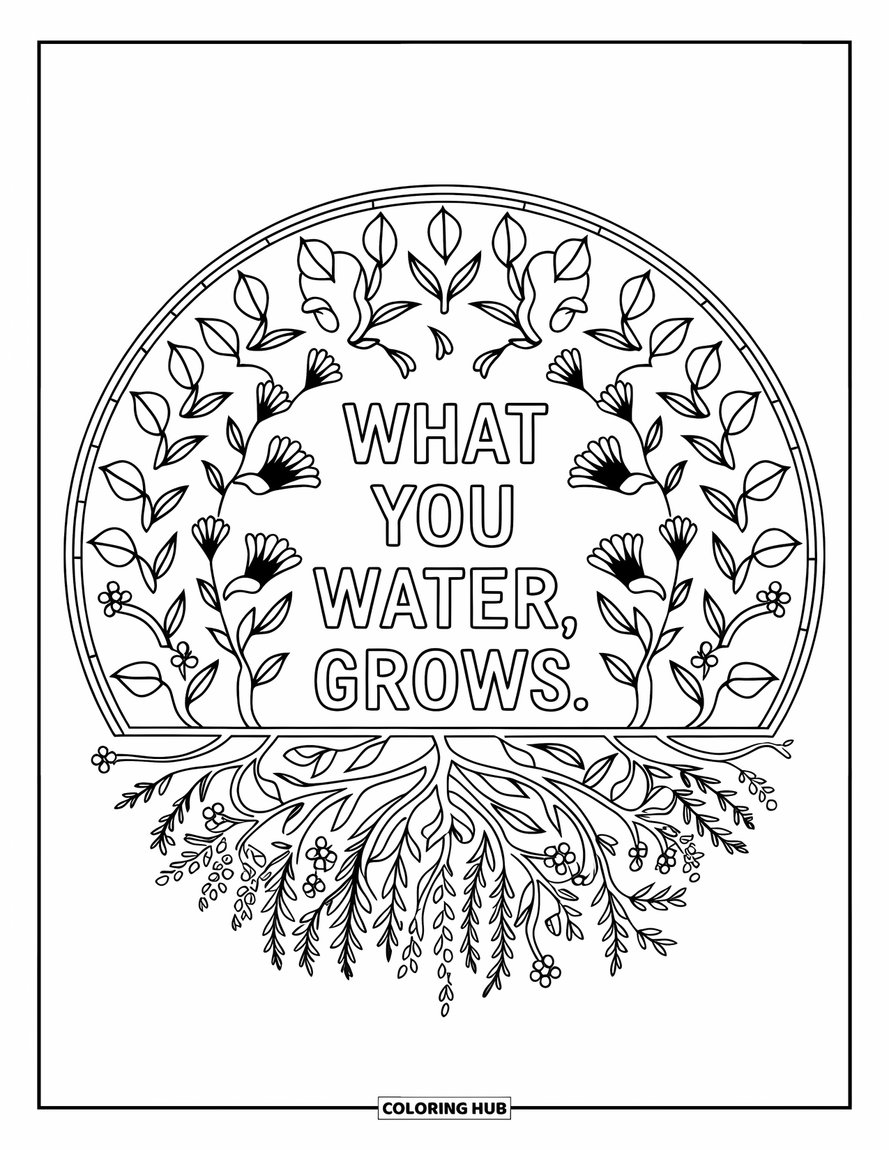 Quote Coloring Page for Adults: Seedlings and petals blossom around "What you water, grows"