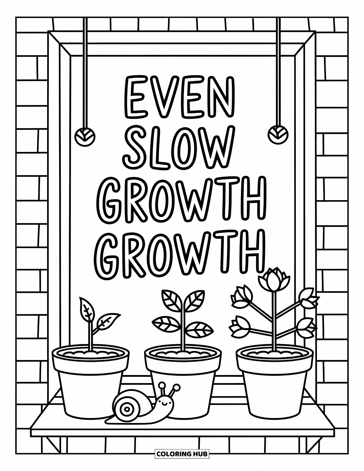 Quote Coloring Page for Adults: Small plants and blooms remind you "Even slow growth is growth"
