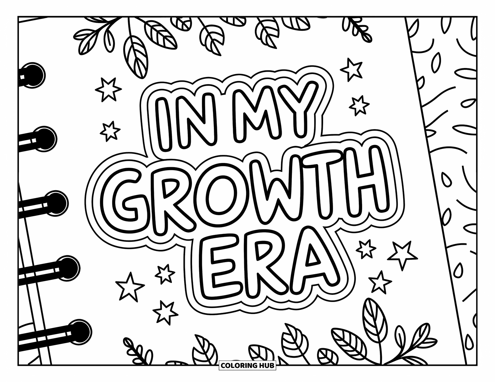 Quote Coloring Page for Kids: A doodled journal page shares the empowering phrase "In my growth era"