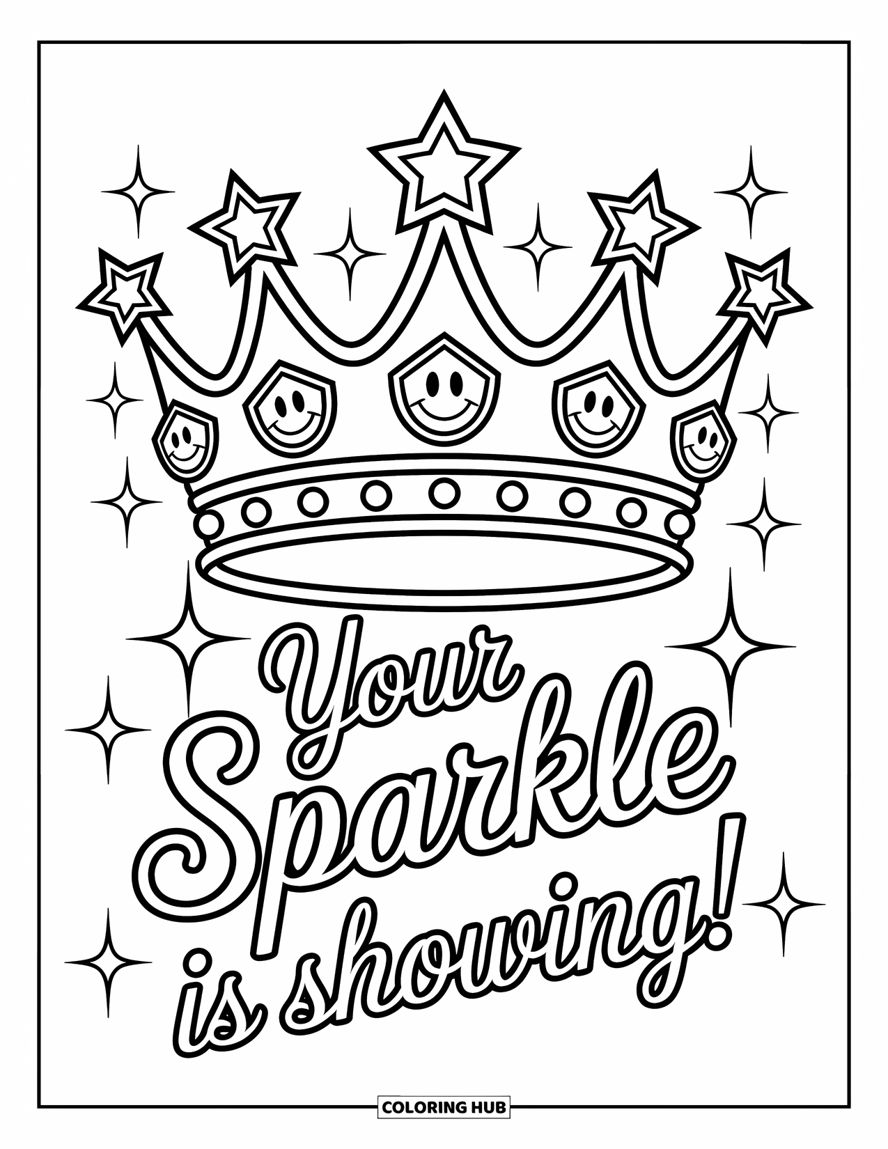 Quote Coloring Page for Kids: A glittering crown gleams with the quote "Your sparkle is showing!"