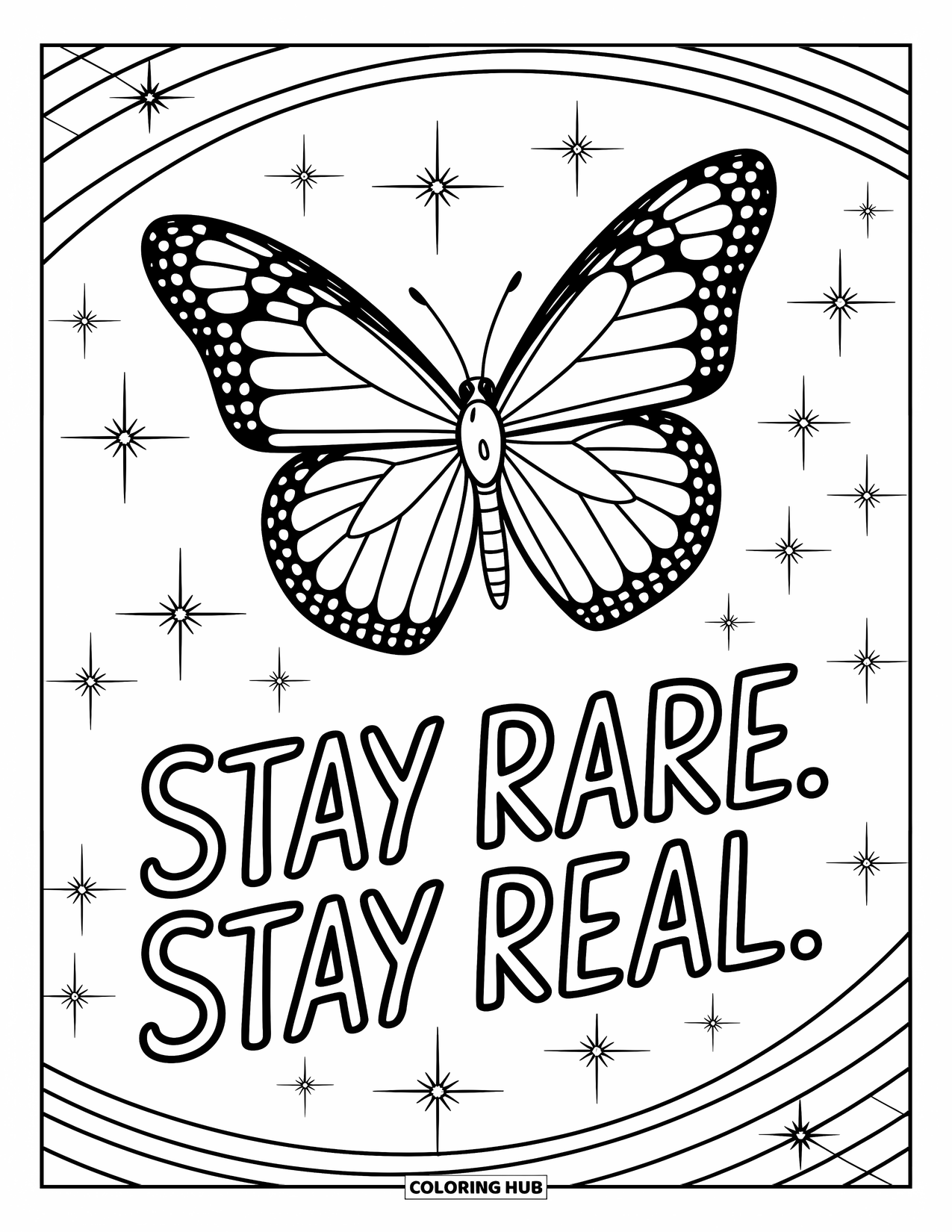 Quote Coloring Page for Kids: A graceful butterfly soars above "Stay rare. Stay real"