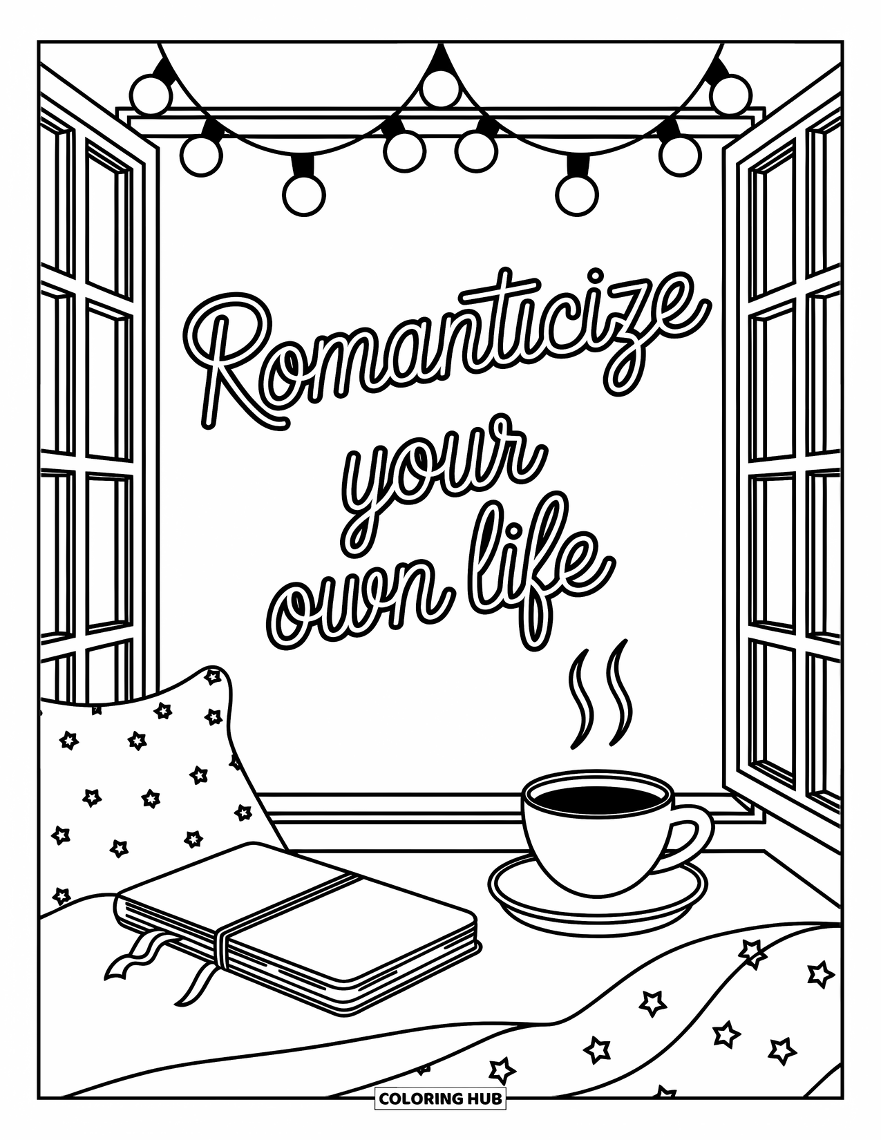 Quote Coloring Page for Kids: A journal and coffee glow beneath "Romanticize your own life"