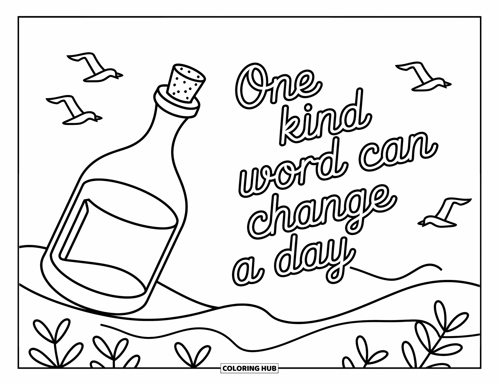 Quote Coloring Page for Kids: A message-in-a-bottle floats beside "One kind word can change a day"