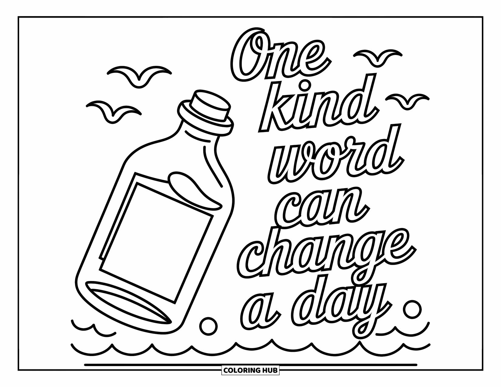 Quote Coloring Page for Kids: Gentle waves and a bottle share the quote "One kind word can change a day"