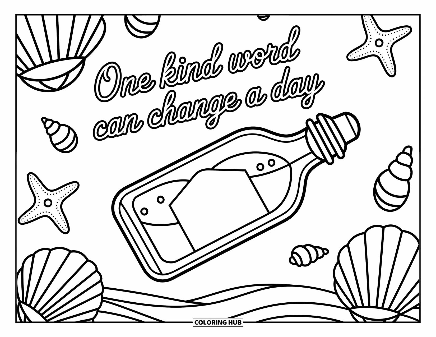 Quote Coloring Page for Kids: Wavy water carries a bottle and the phrase "One kind word can change a day"
