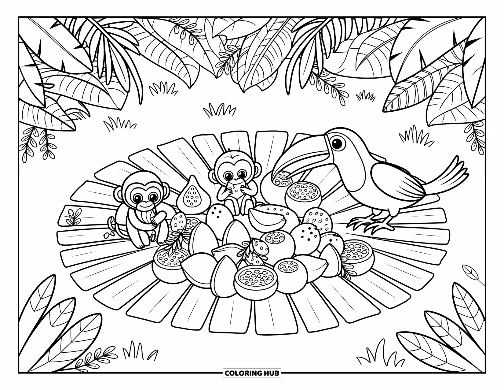 Rainforest Coloring Page for Adults: Animals gather on a leaf mat to enjoy bananas and berries