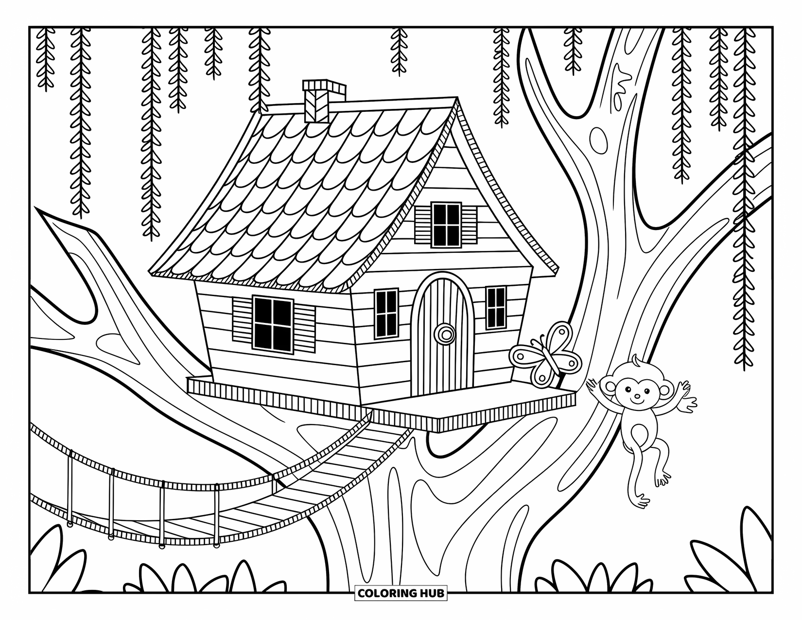 Rainforest Coloring Page for Adults: Charming treehouse with vines and butterflies sits high in the rainforest