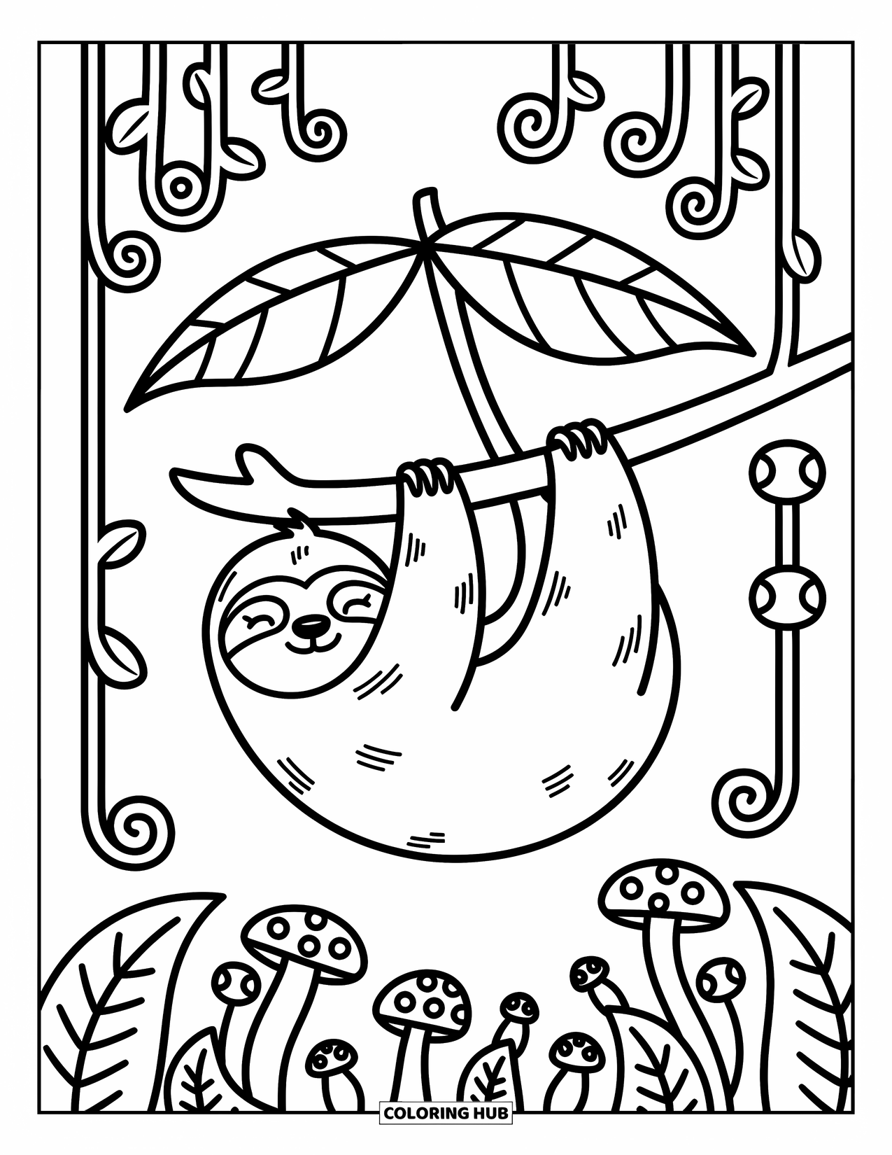 Rainforest Coloring Page for Adults: Cozy sloth naps beneath a leaf, surrounded by mushrooms and vines