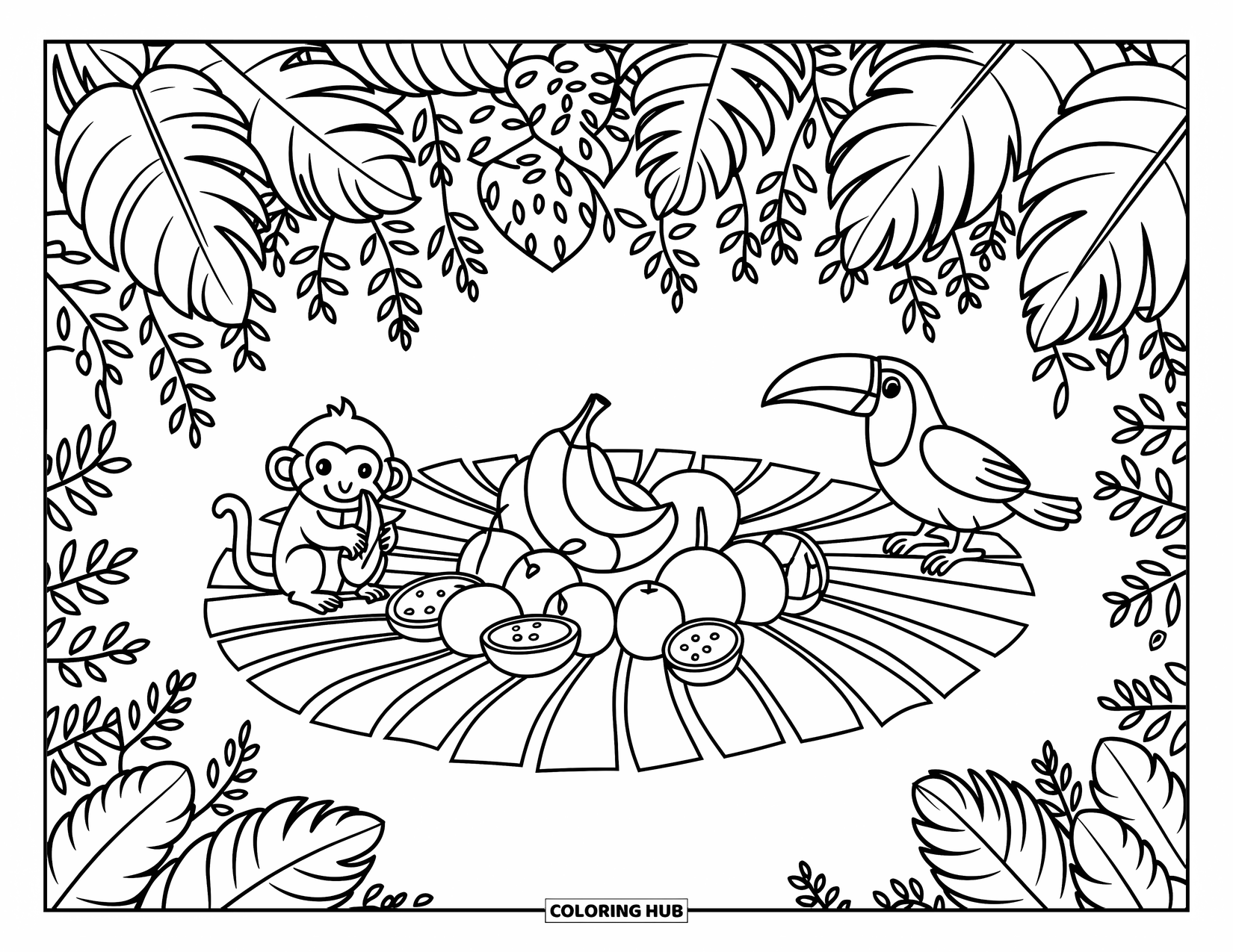 Rainforest Coloring Page for Adults: Jungle animals gather around fruit on a cozy rainforest floor