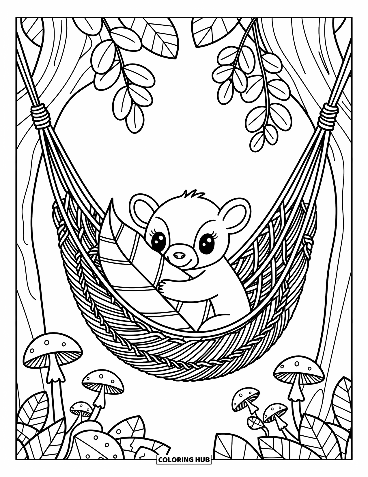 Rainforest Coloring Page for Adults: Little anteater cuddles a leaf pillow in a cozy forest hammock