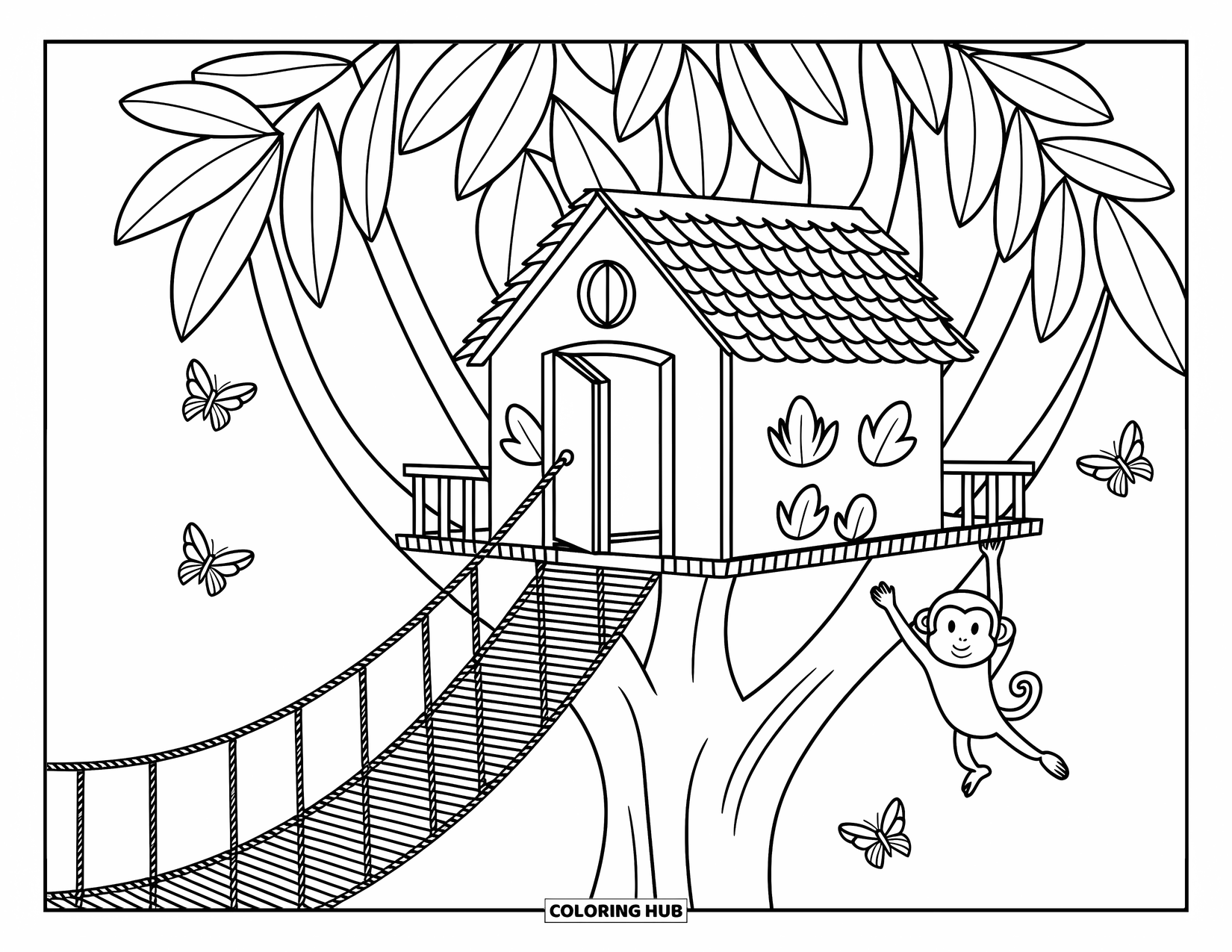 Rainforest Coloring Page for Adults: Monkey peeks at butterflies from a cozy kapok treehouse with a rope bridge