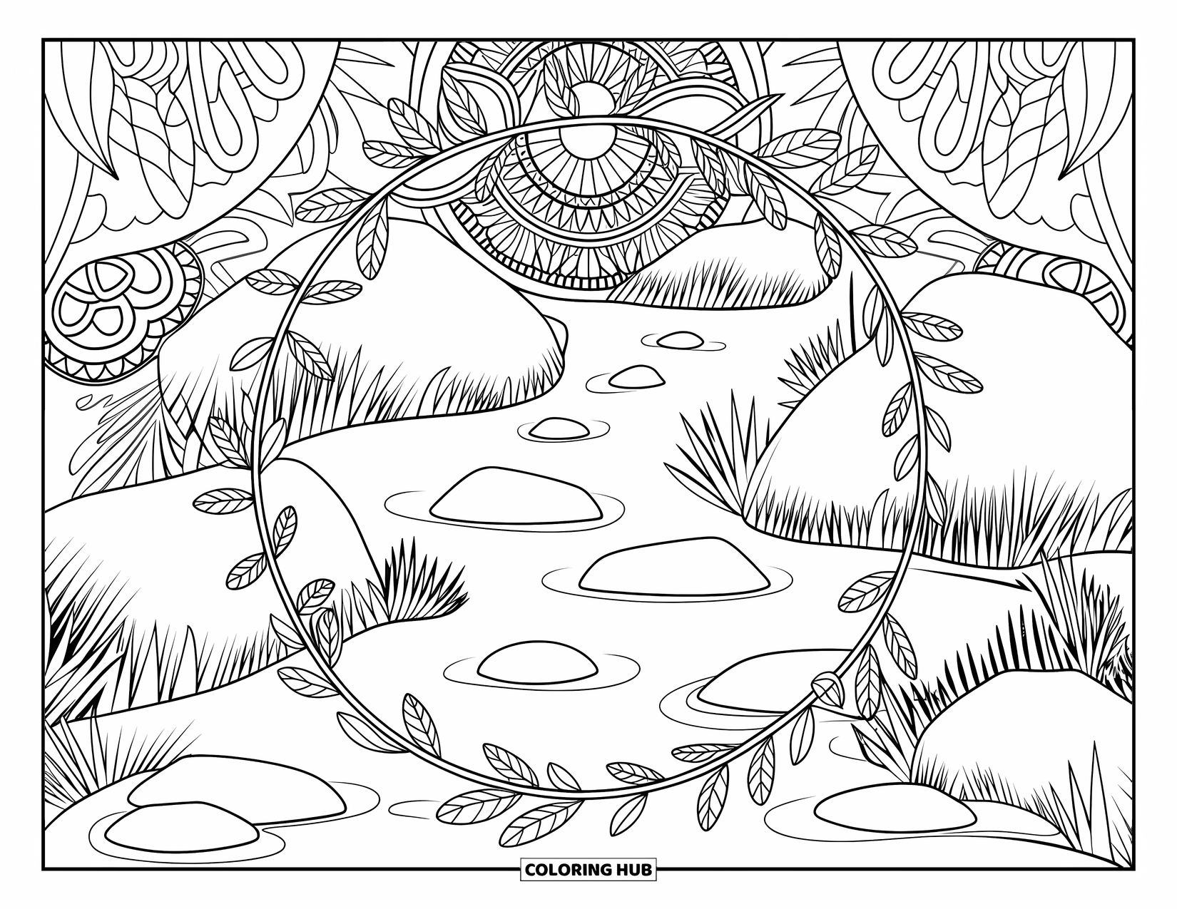 Rainforest Coloring Page for Adults: Rainforest stream flows through rocks and twisting mandala vines