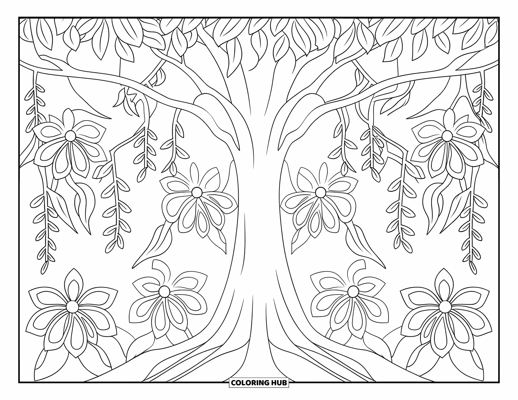 Rainforest Coloring Page for Adults: Rainforest tree stands tall with roots, vines, and floral borders