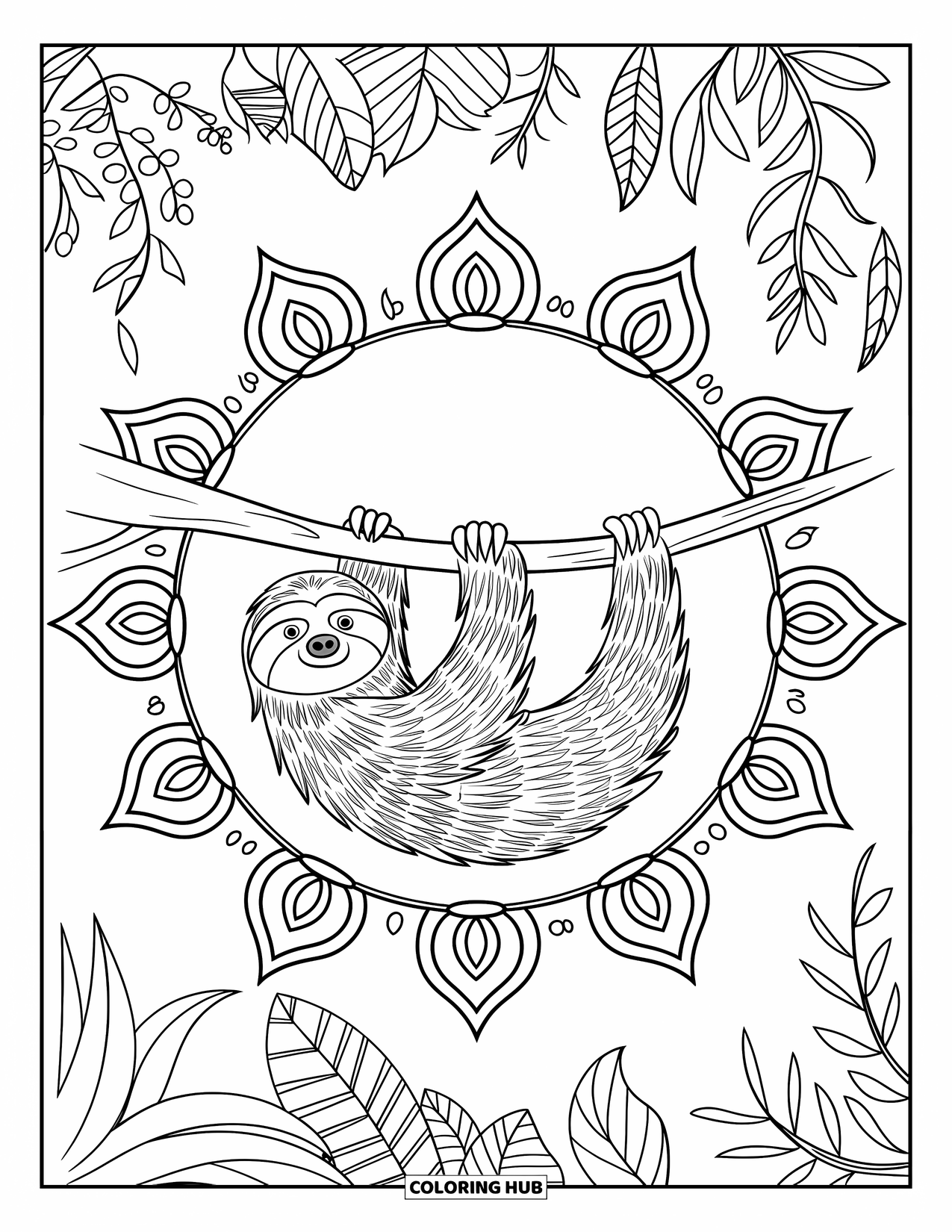 Rainforest Coloring Page for Adults: Sloth on a branch with rainforest leaves and flower patterns