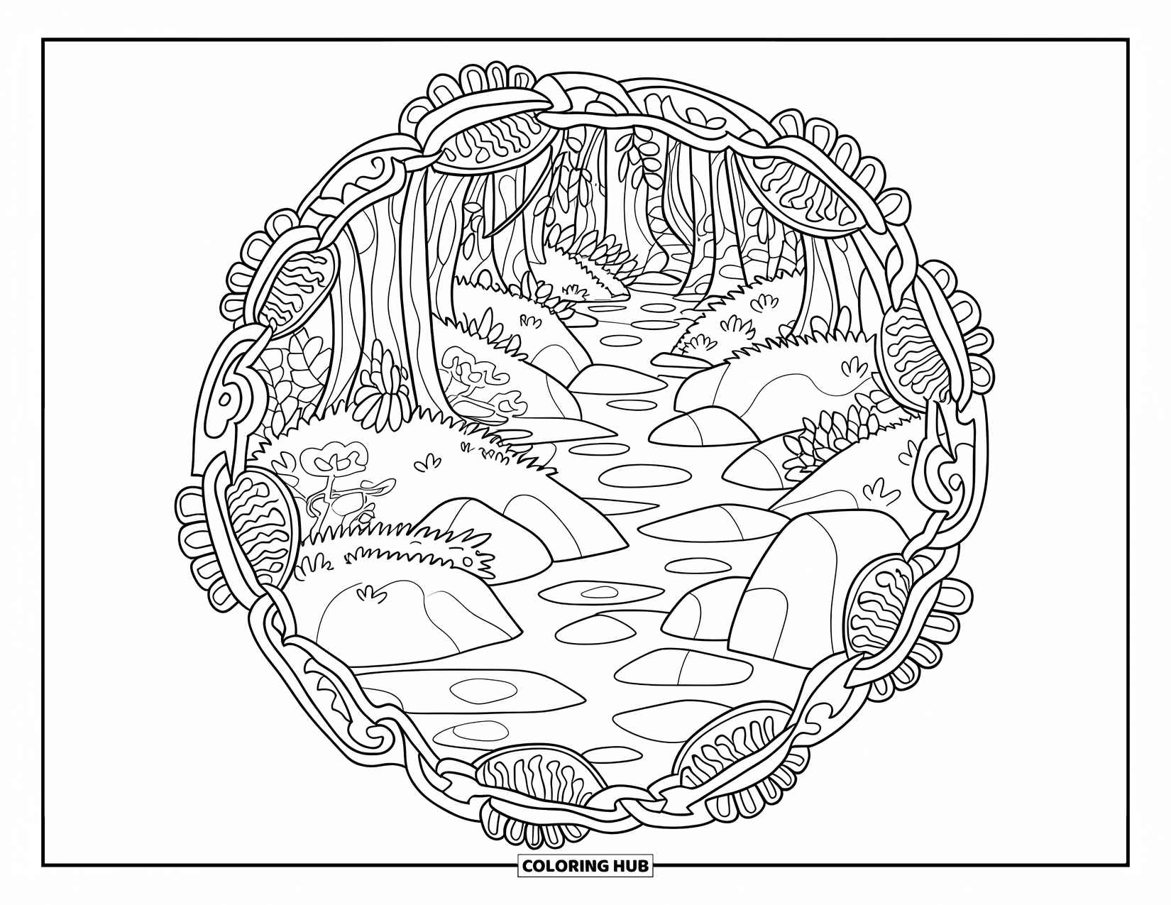 Rainforest Coloring Page for Adults: Stream winds through rocks and vines in a leafy forest scene