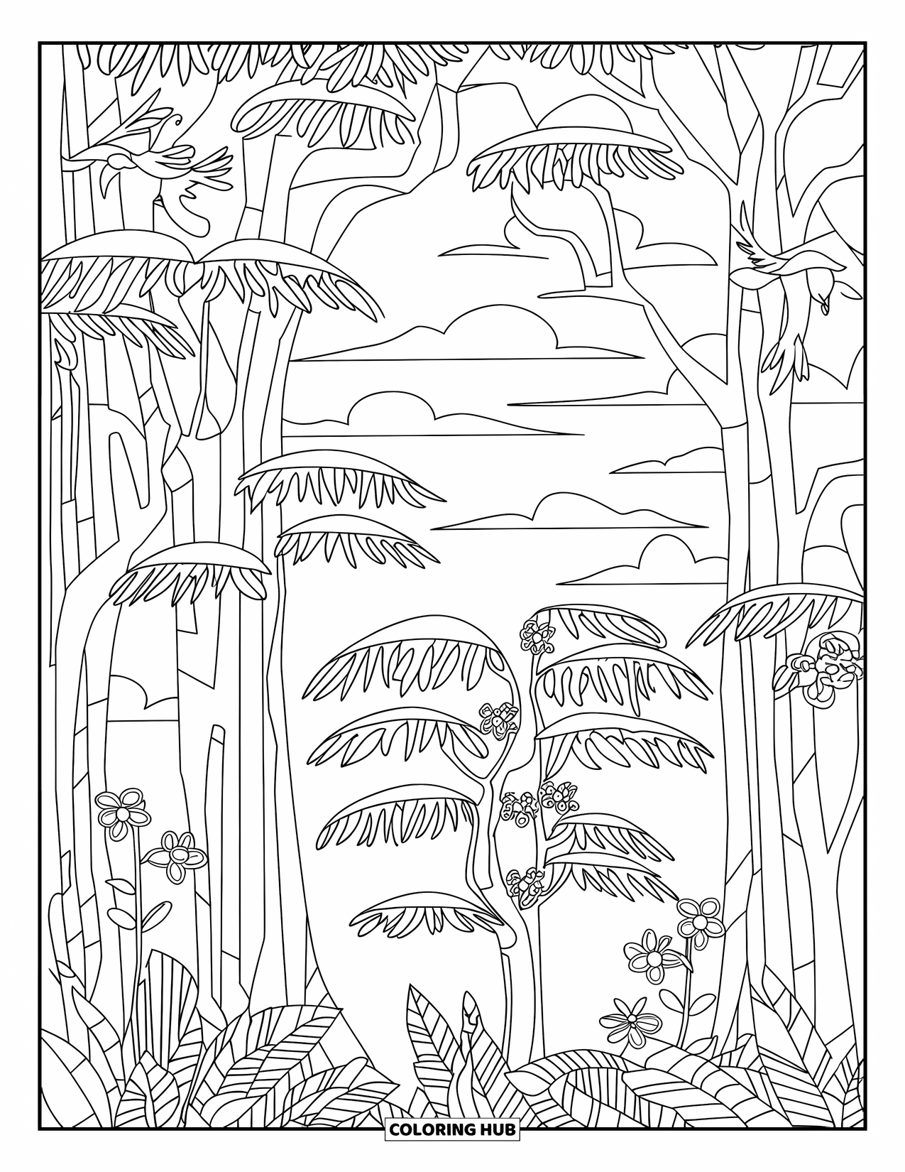 Rainforest Coloring Page for Adults: Tall trees and orchids with birds in a peaceful rainforest scene