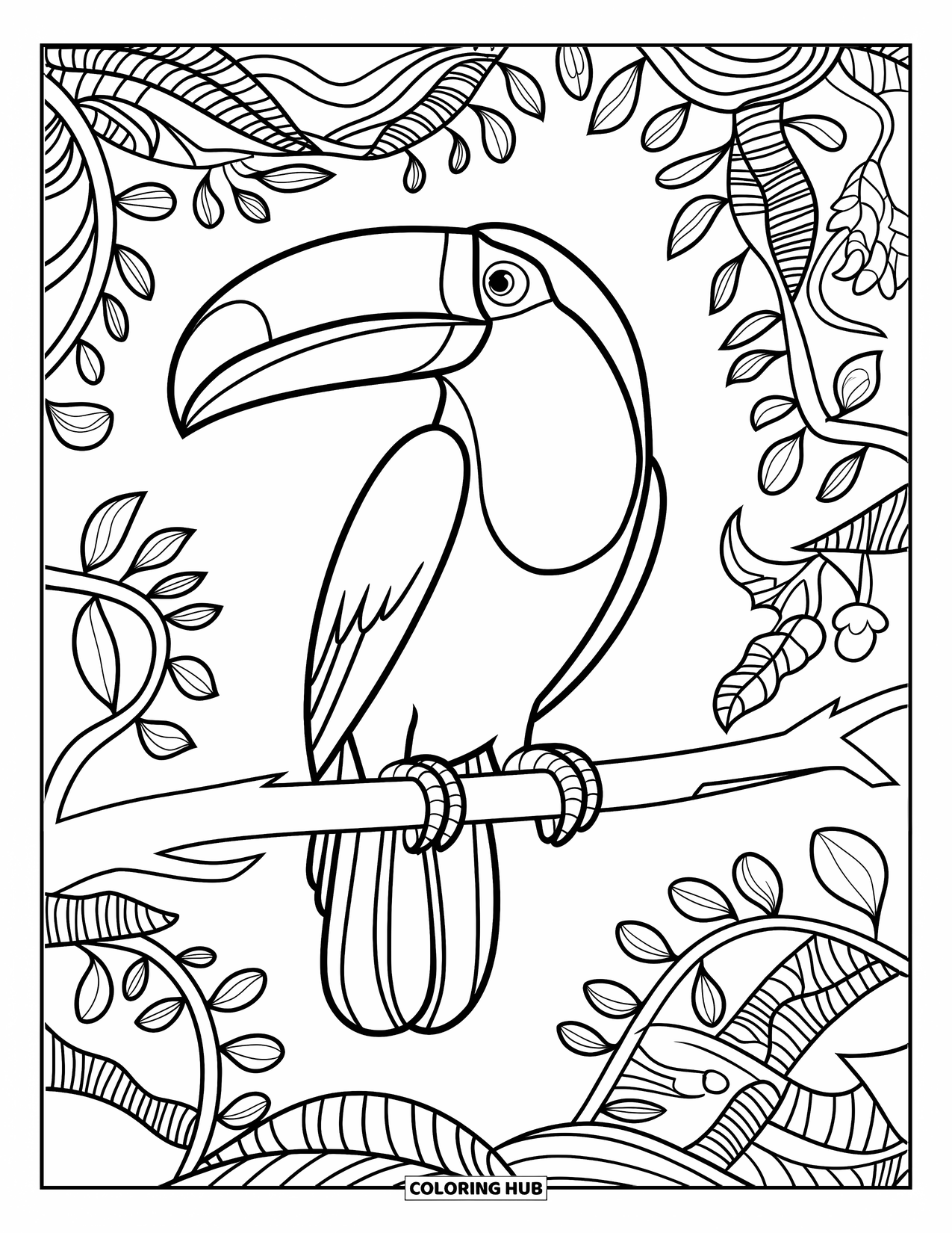 Rainforest Coloring Page for Adults: Toucan on a branch in a forest of swirling vines and flowers