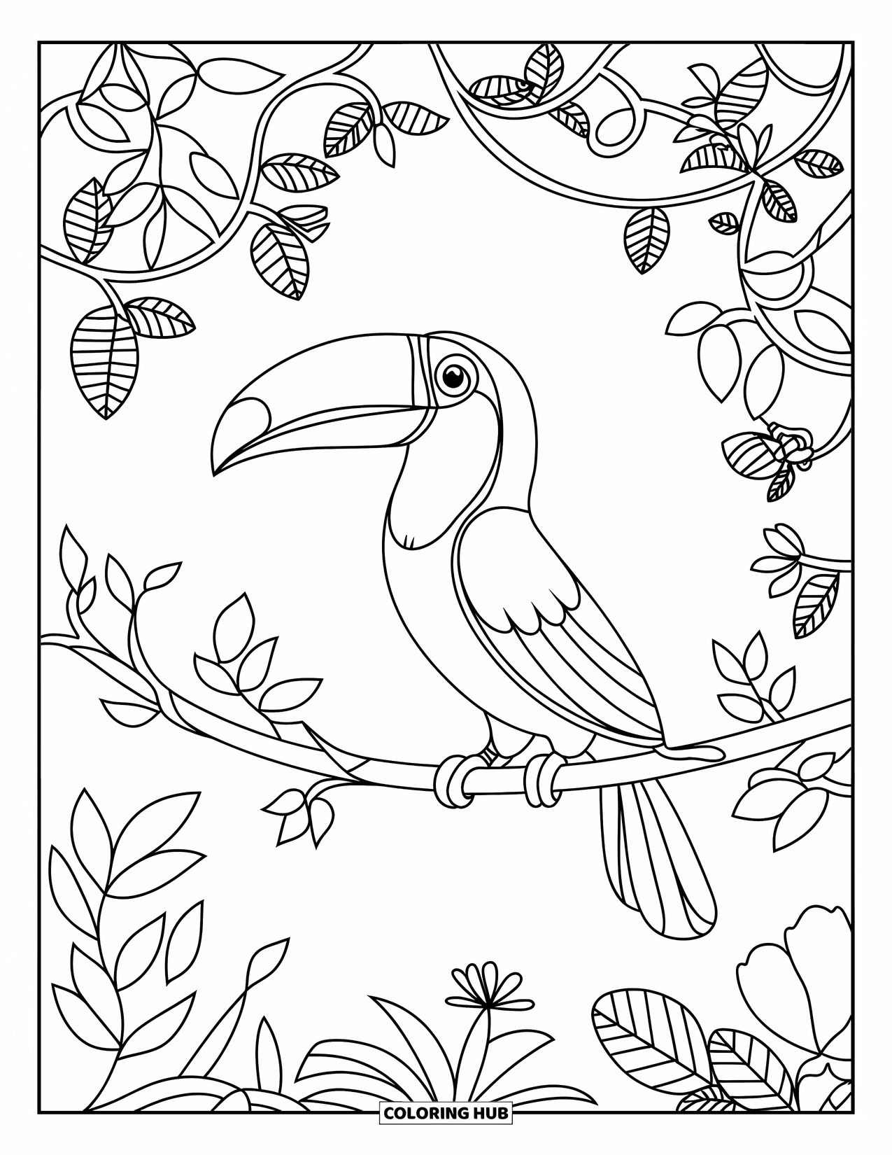 Rainforest Coloring Page for Adults: Toucan perches in a rainforest filled with vines and flowers