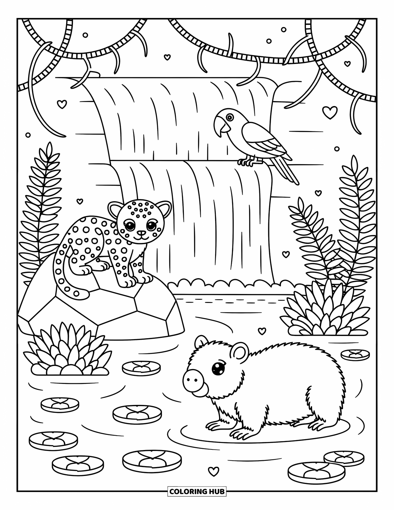 Rainforest Coloring Page for Adults: Waterfall scene with parrot above, jaguar on rocks, and capybara near the water