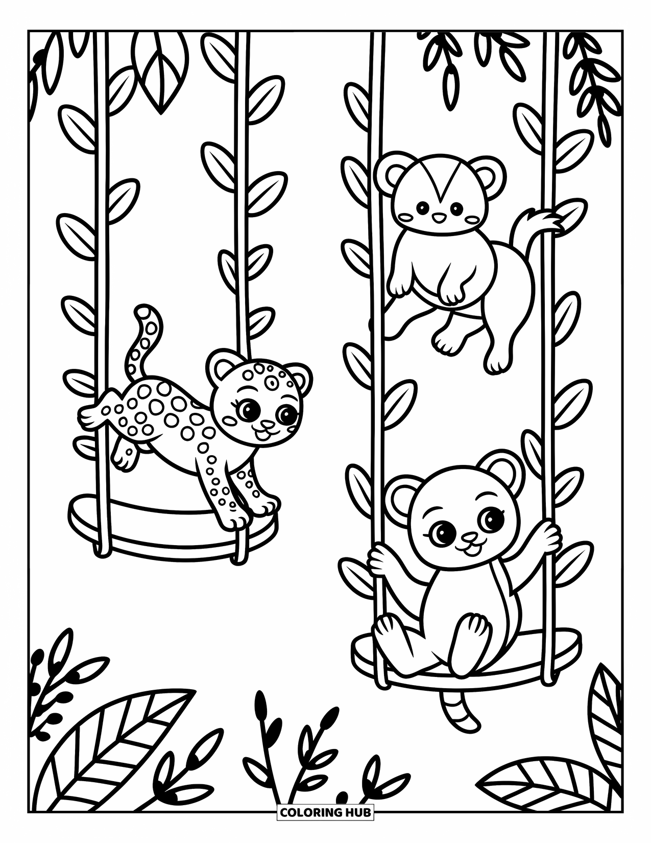Rainforest Coloring Page for Adults: Young jaguar and baby anteater swing from cozy jungle vines