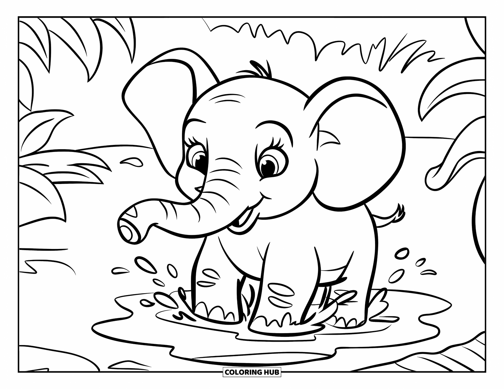 Rainforest Coloring Page for Kids: Baby elephant splashes joyfully in a rainforest puddle
