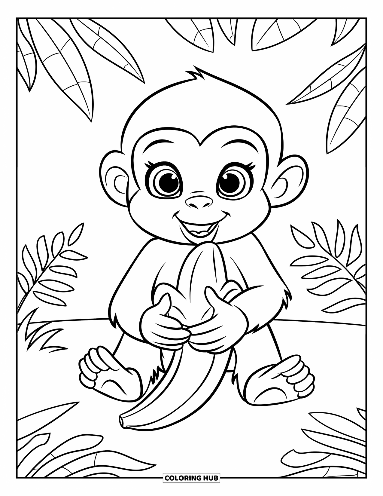 Rainforest Coloring Page for Kids: Baby monkey holds a banana while sitting among rainforest ferns