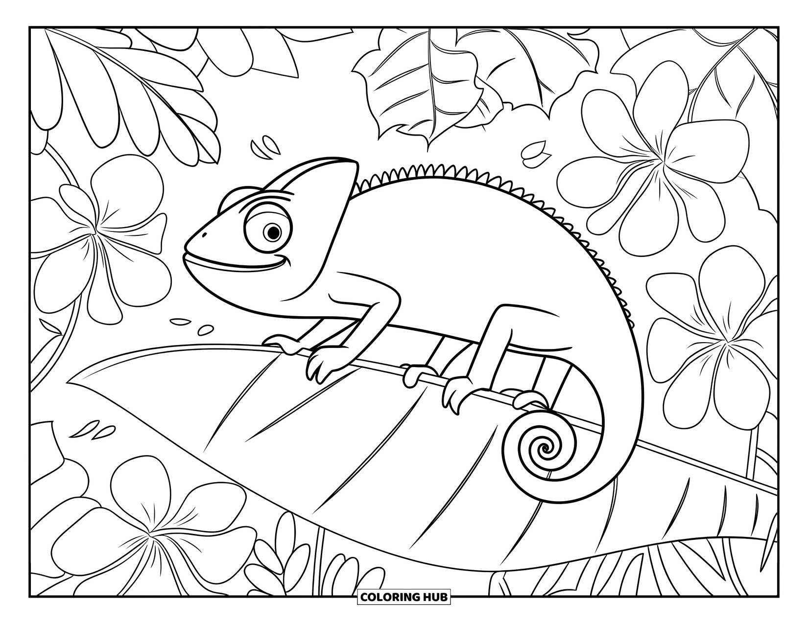 Rainforest Coloring Page for Kids: Chameleon changes colors while sitting on a rainforest leaf