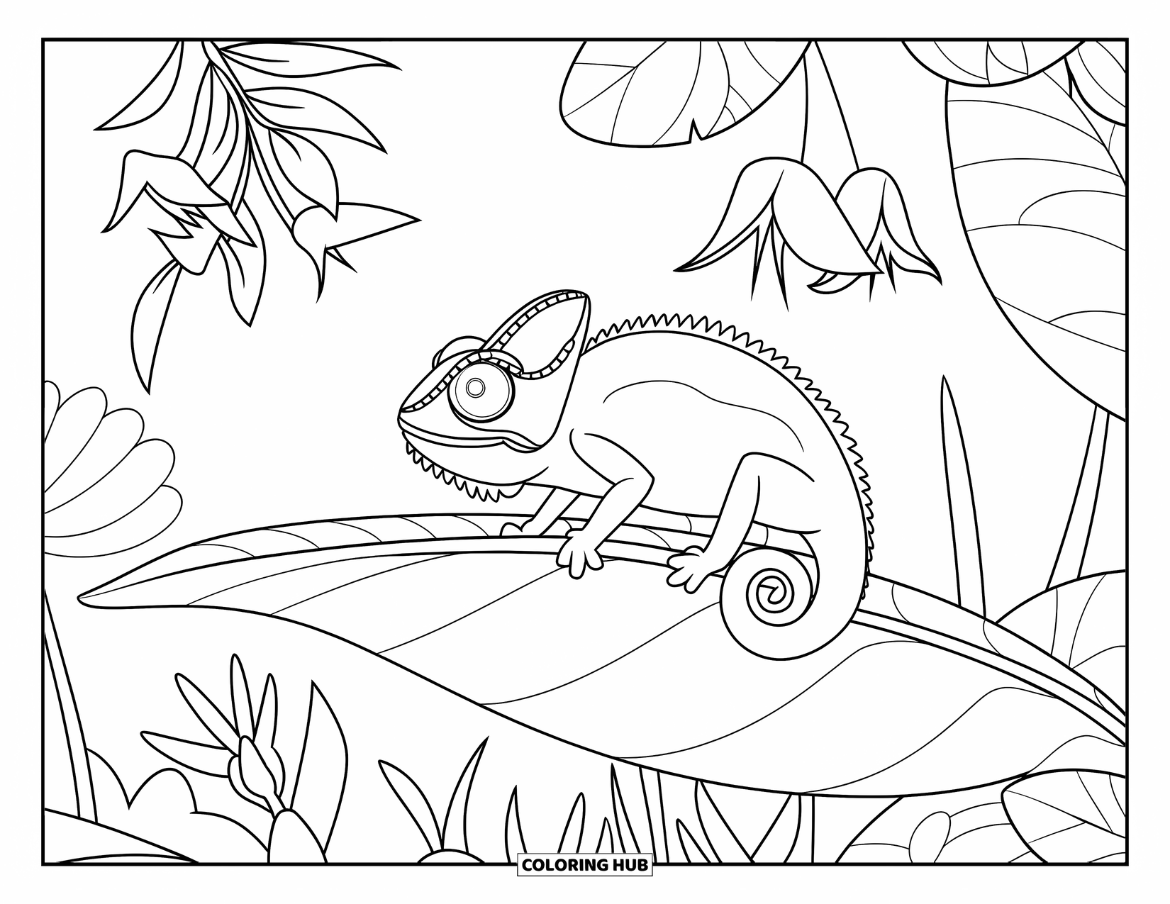 Rainforest Coloring Page for Kids: Chameleon sits on a leaf among colorful flowers and green plants