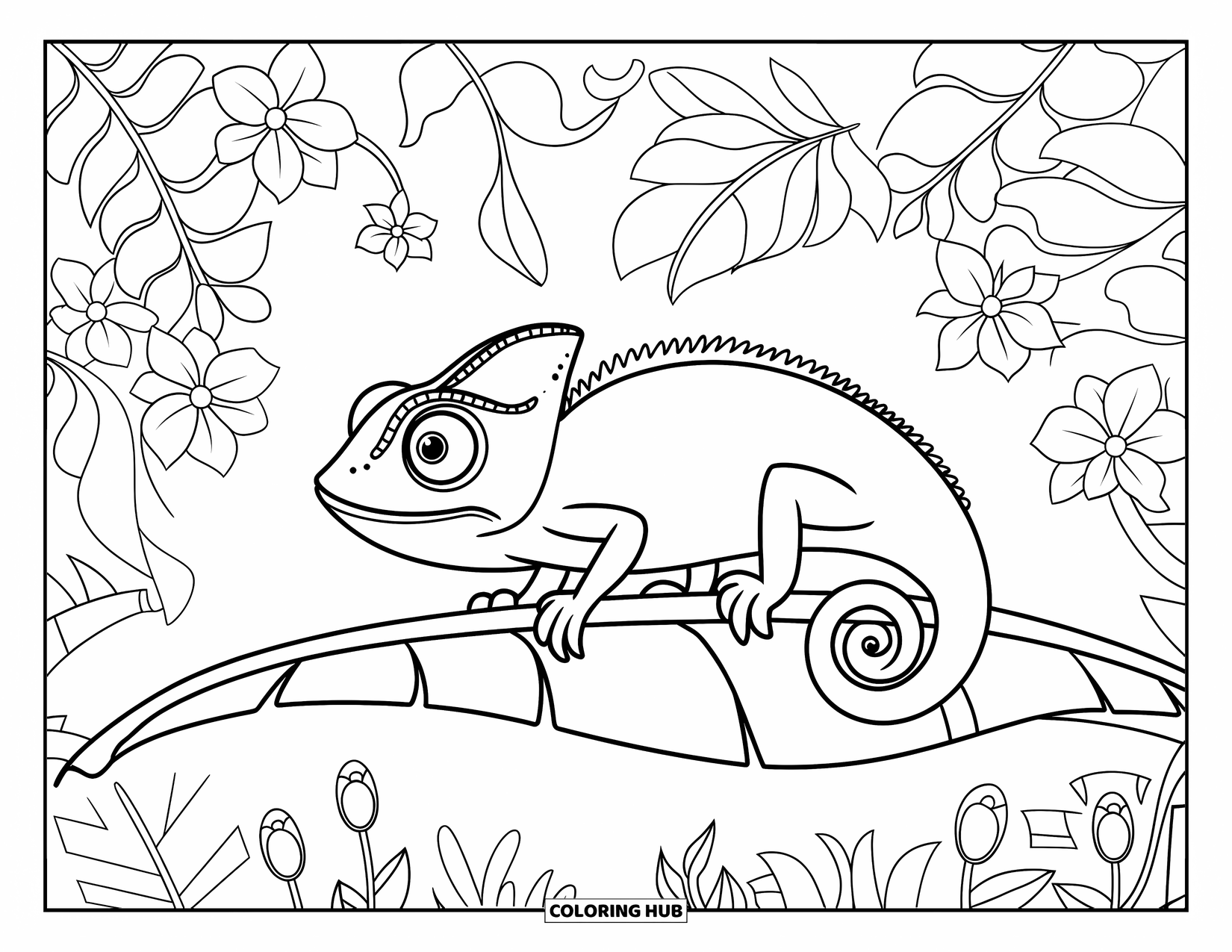 Rainforest Coloring Page for Kids: Chameleon with big eyes sits on a leaf near forest flowers