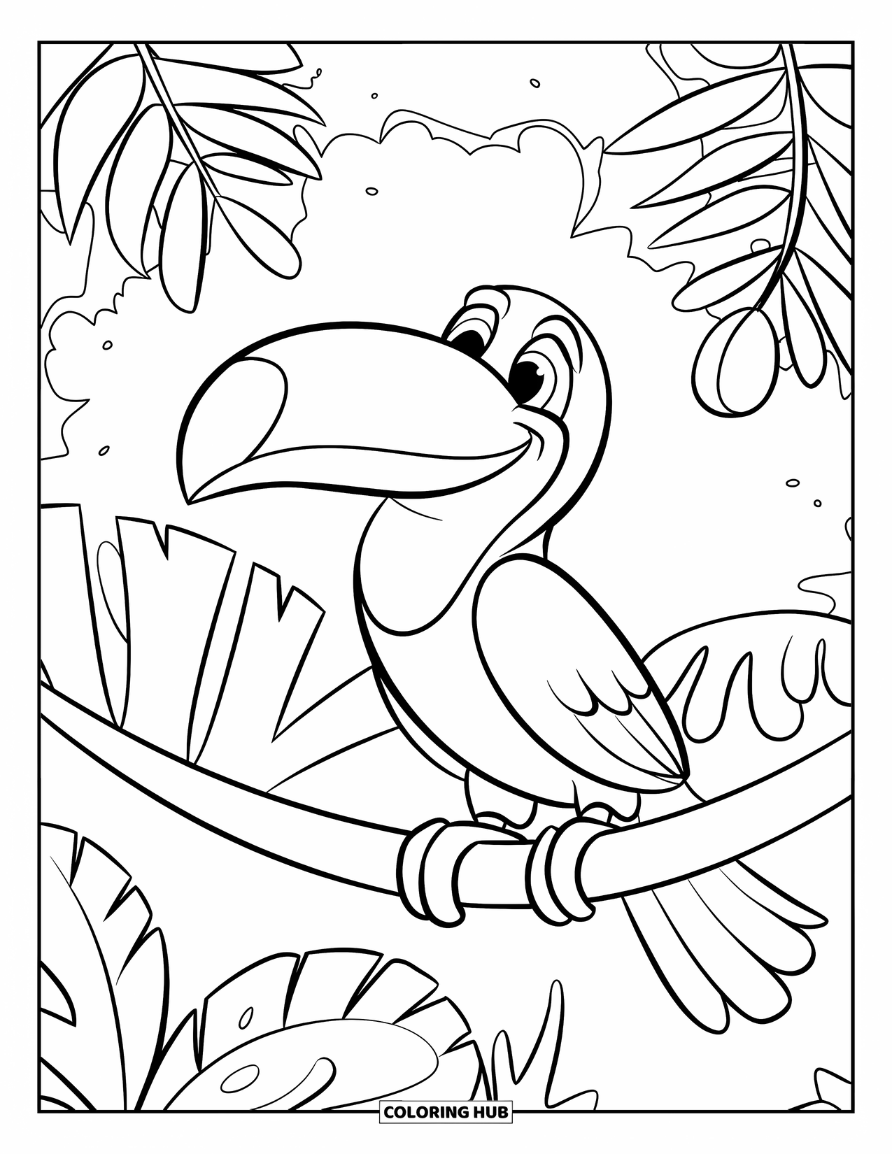 Rainforest Coloring Page for Kids: Cheerful toucan rests on a thick branch in the rainforest