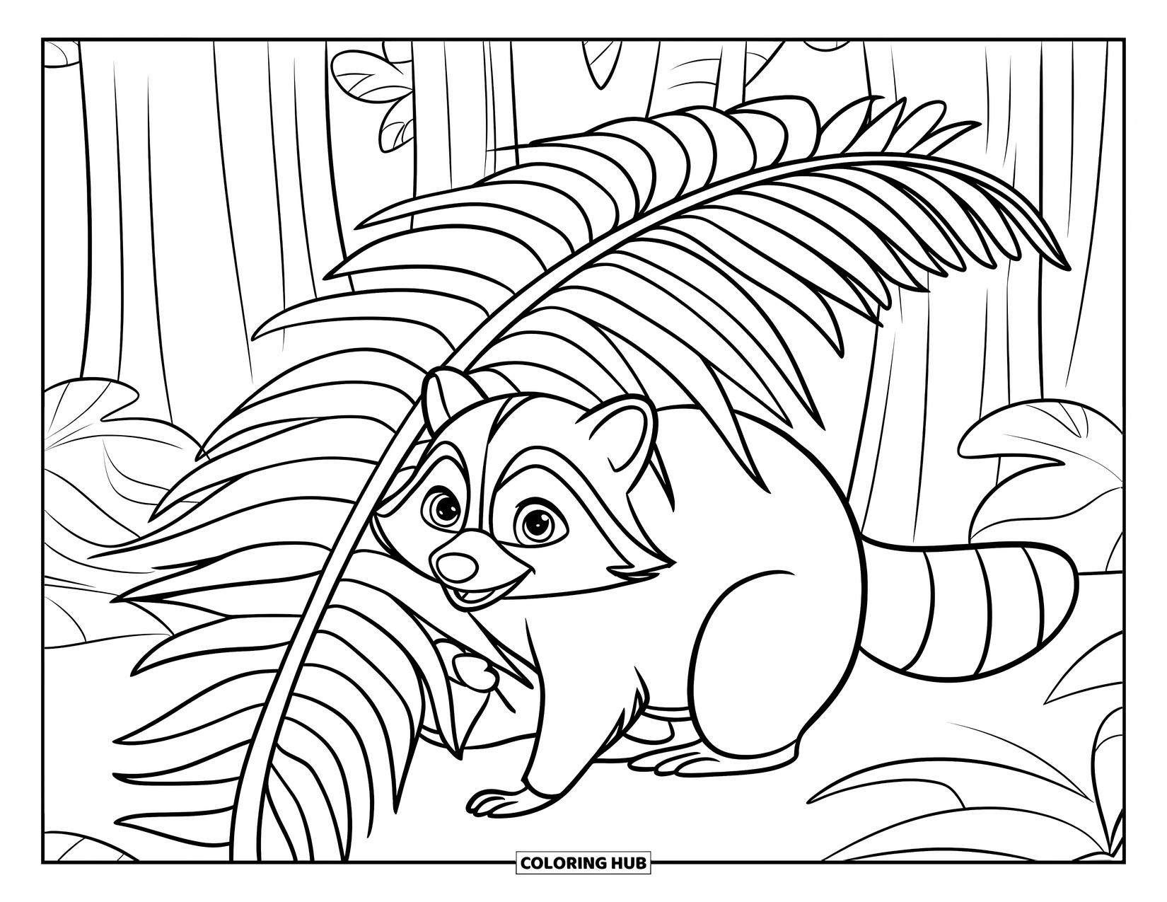 Rainforest Coloring Page for Kids: Curious raccoon hides quietly beneath a thick fern