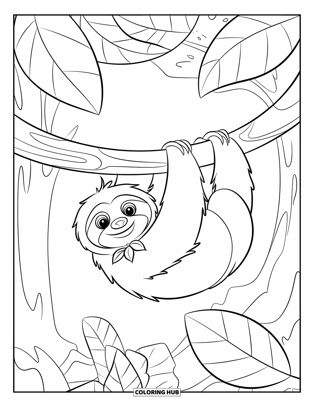 Rainforest Coloring Page for Kids: Cute sloth hangs from a thick branch with leafy surroundings