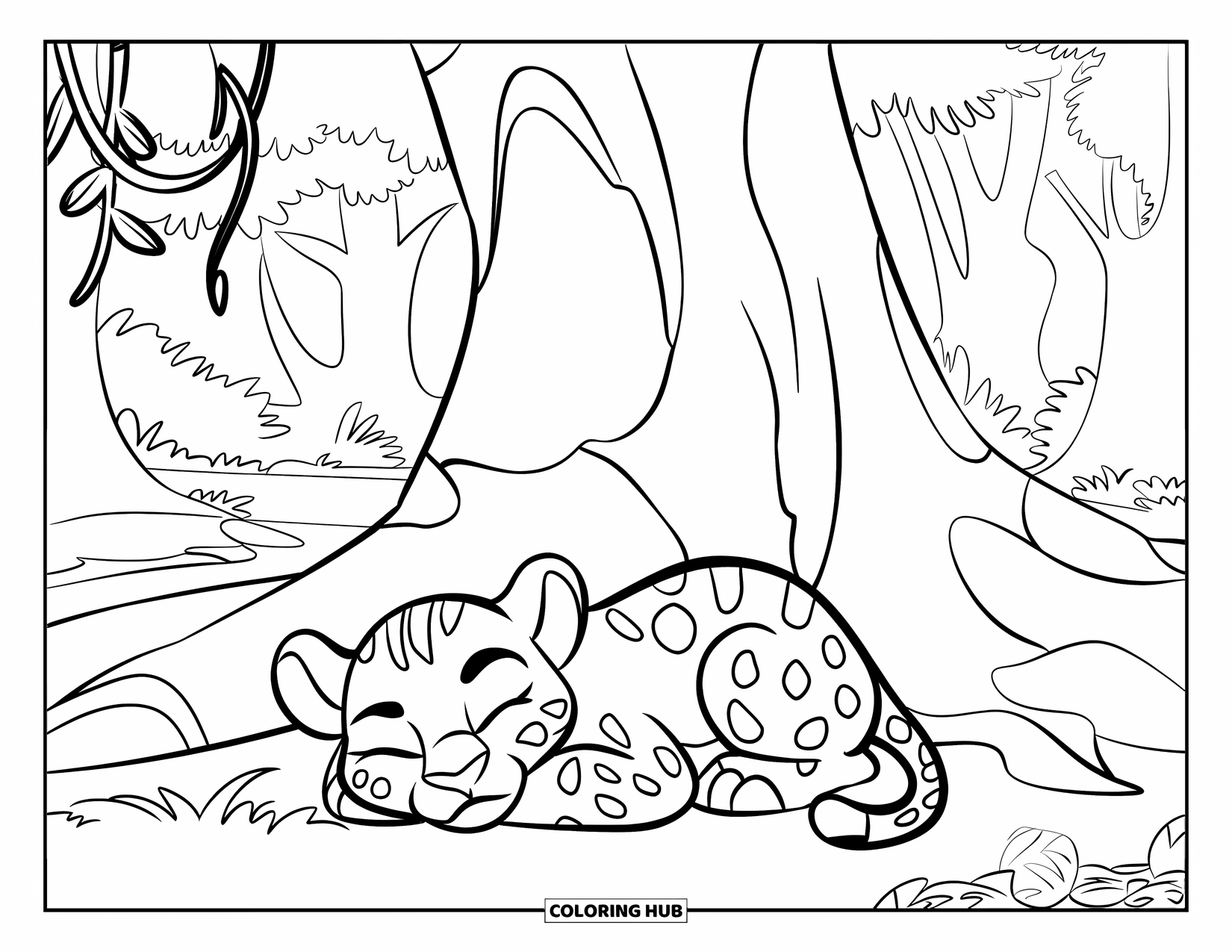 Rainforest Coloring Page for Kids: Jaguar cub naps peacefully under a shady rainforest tree