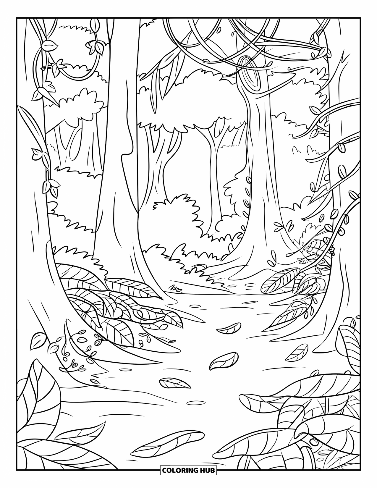 Rainforest Coloring Page for Kids: Jungle path winds through trees with scattered vines and leaves