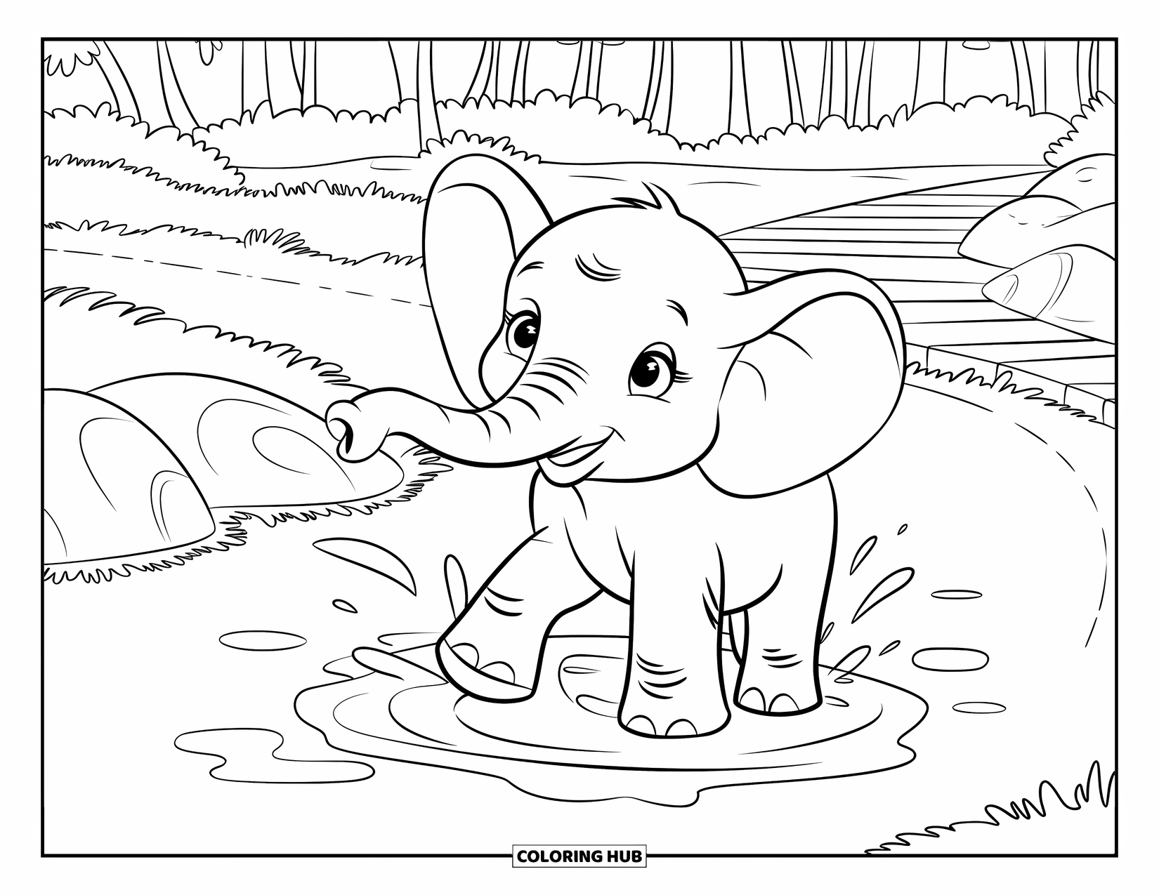Rainforest Coloring Page for Kids: Little elephant plays in a puddle by a cozy jungle path