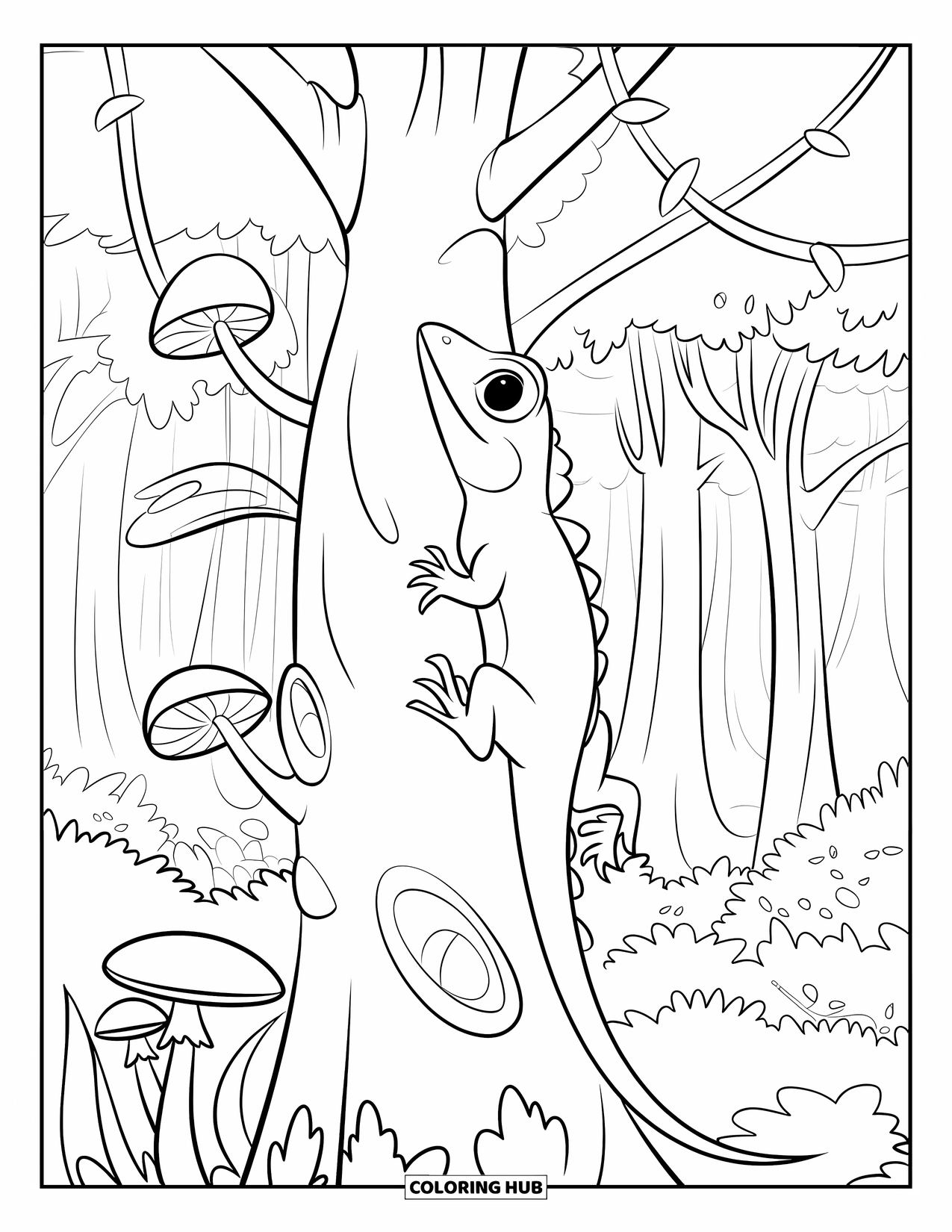 Rainforest Coloring Page for Kids: Lizard climbs a tree with vines and mushrooms wrapped around