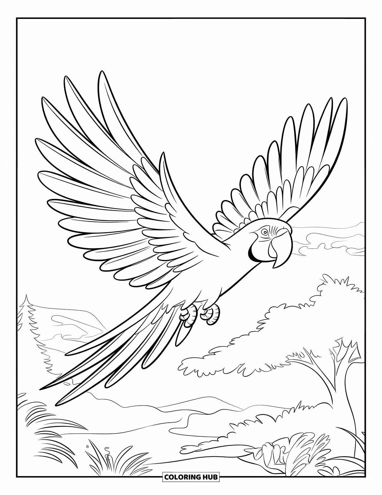Rainforest Coloring Page for Kids: Macaw soars high above green treetops in the morning light
